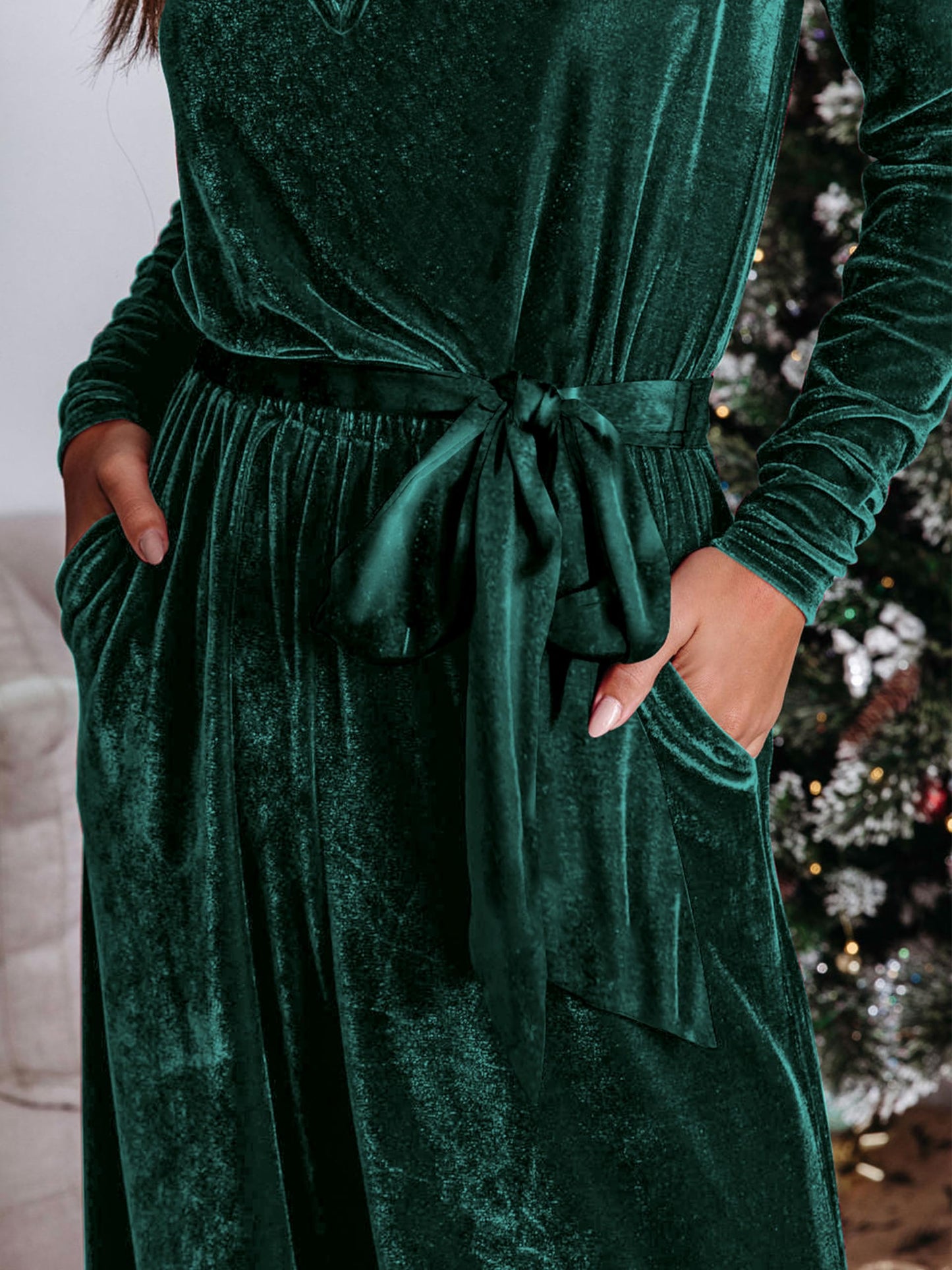 MASCOMODA 2024 Velvet Long Sleeve Wide Leg Jumpsuits for Women Dressy V Neck Belted Romper One Piece Fall Outfits with Pocket