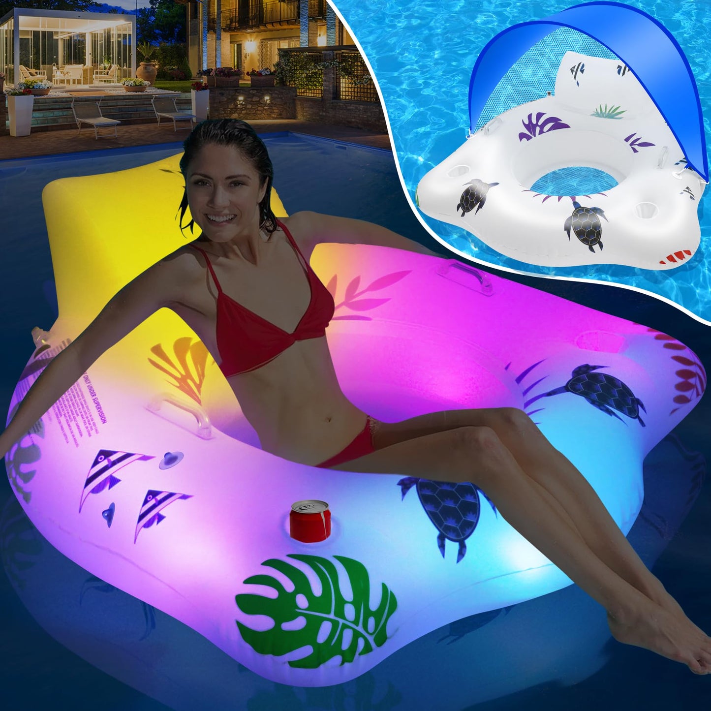 Inflatable Pool Floats Chair with Color Changing Light, Solar Powered Water Floats for Adults with 2 Cup Holders & 2 Armrests, Beach Float Pool Sofa, Pool Raft Lounge Pool Floaties for Adult