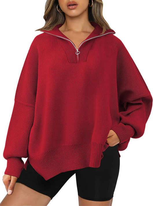 LILLUSORY Women's Oversized Sweaters 2024 Fall Trendy Zipper Collared Sweatshirts Drop Shoulder Tunic Knit Pullover Tops