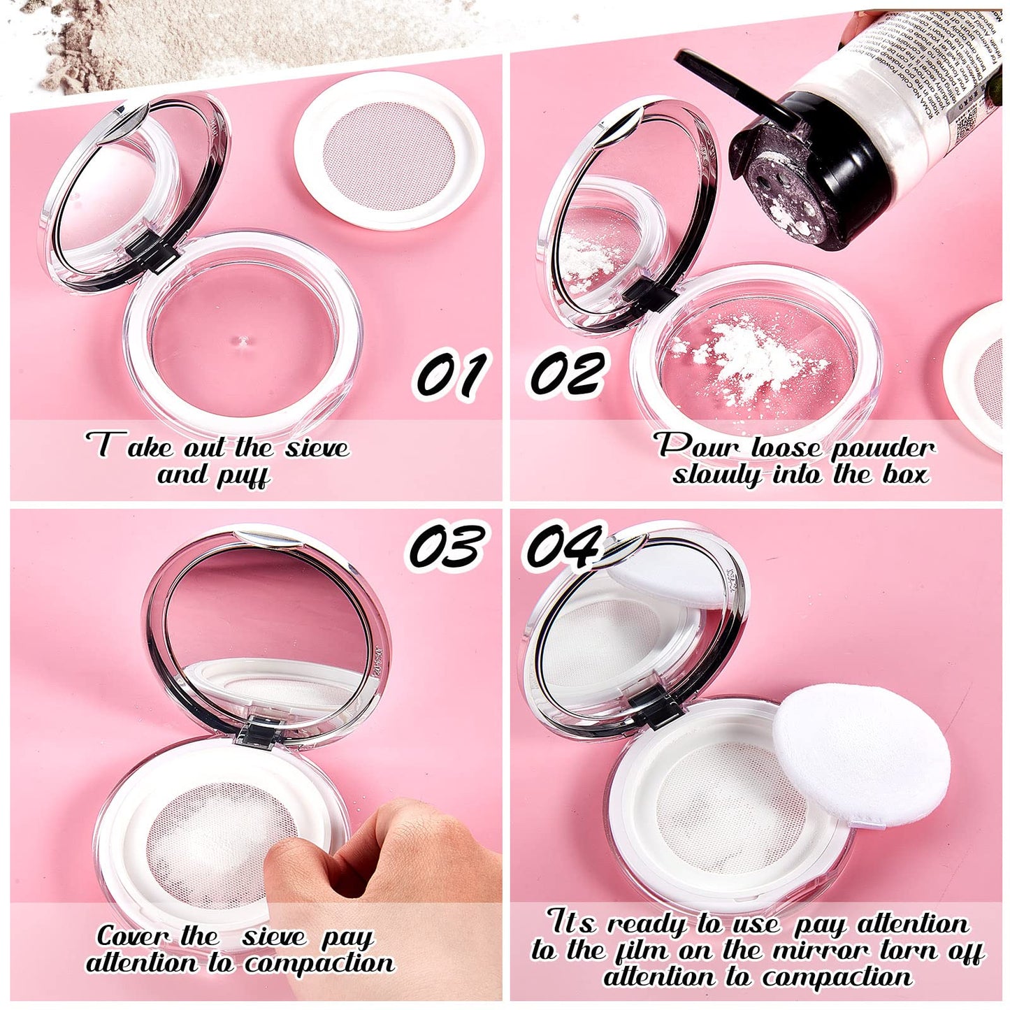 Cunhill 2 Pcs Loose Powder Container with Puff 0.17/0.7 oz Reusable Plastic Empty Powder Case Portable DIY Empty Makeup Powder Container with Mirror and Net Sifter(Pink, Silver)