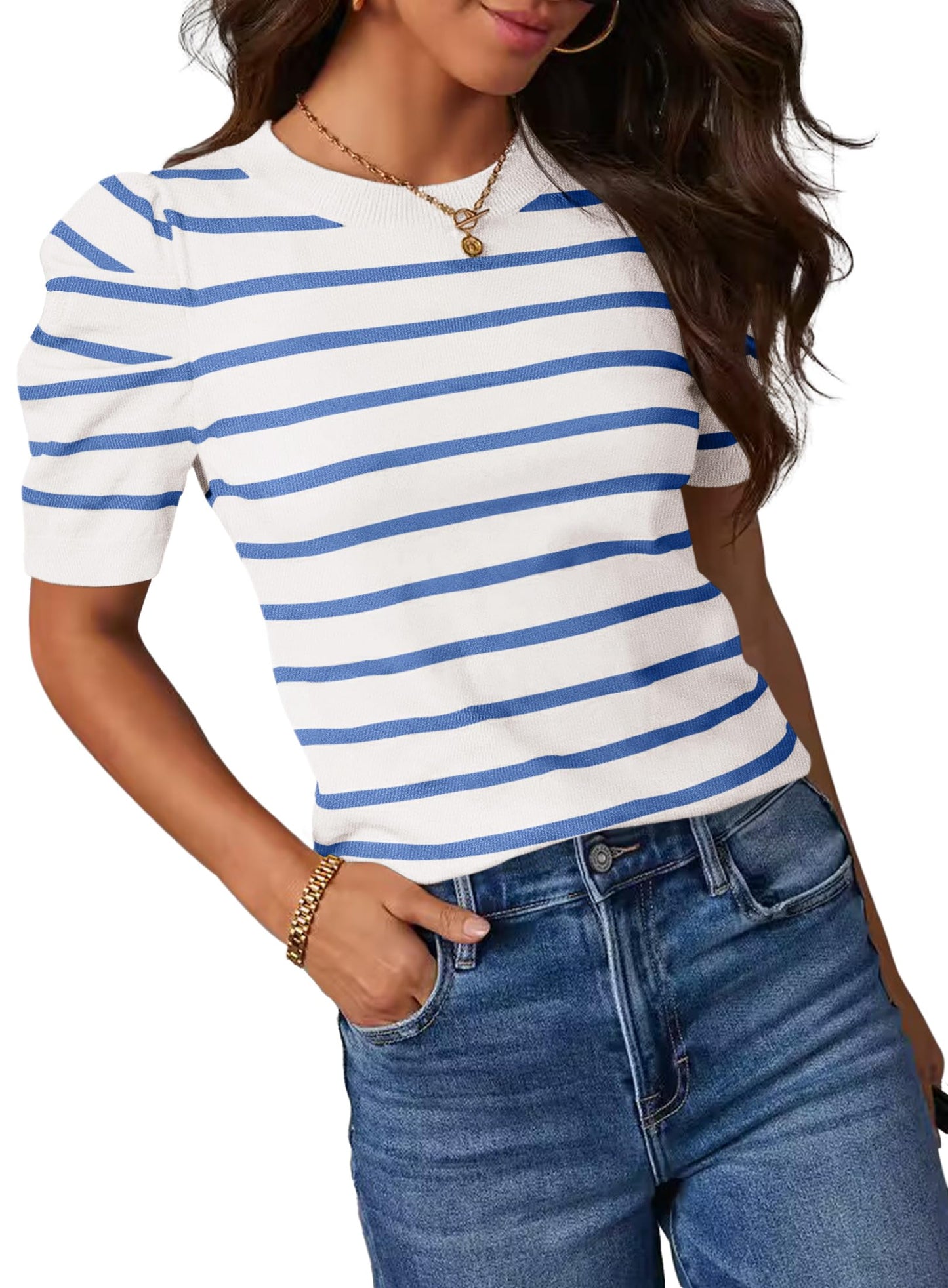 HAEOF Women's 2024 Short Puff Sleeve Knit Tops Trendy Crewneck Striped T Shirts Dressy Casual Blouses