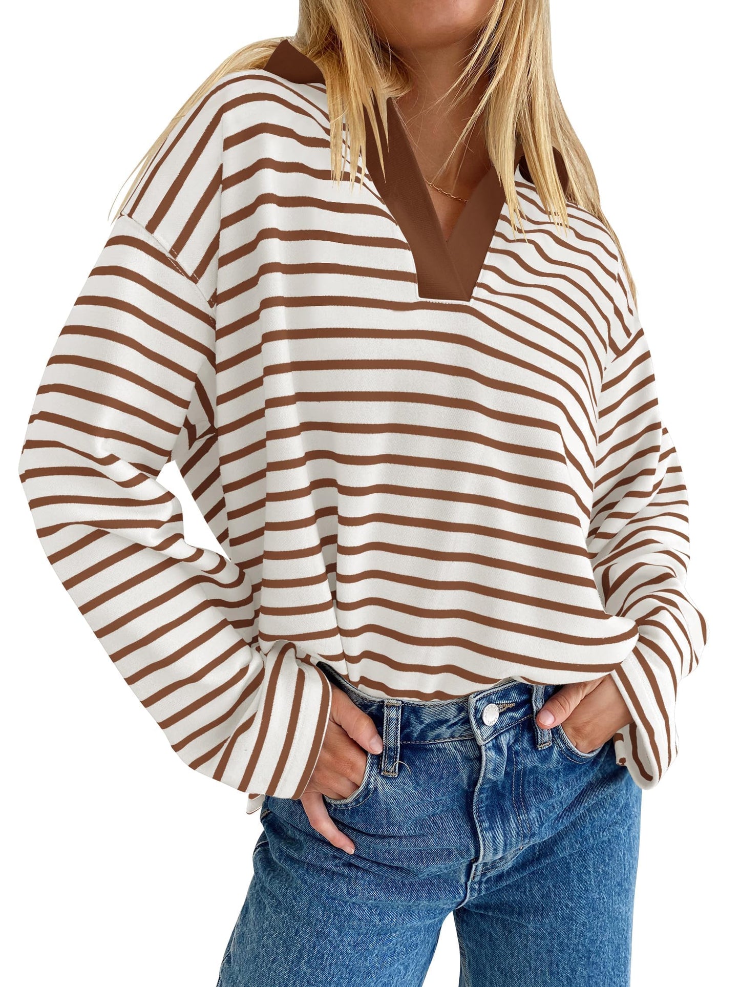 ZESICA Womens Striped Long Sleeve Shirts 2024 Casual V Neck Oversized Sweatshirt Loose Fit Tunic Tops Fall Blouses