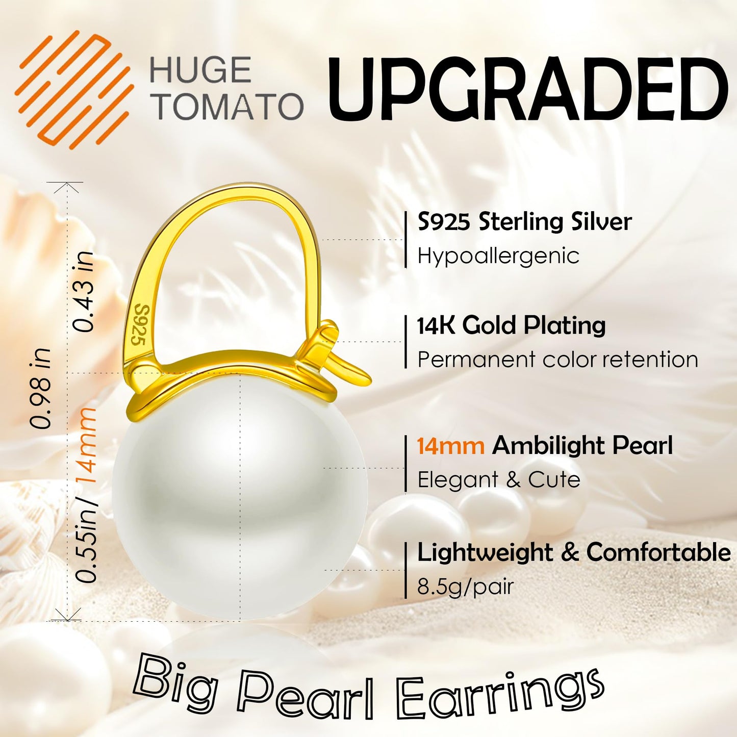 Pearl Earrings for Women Trendy, 14mm 925 Sterling Silver Pearl Drop Earrings Fashion, 18K Gold Plated Hypoallergenic Large Shell Pearl Hoop Earring Dangle Jewelry for Wedding Gift