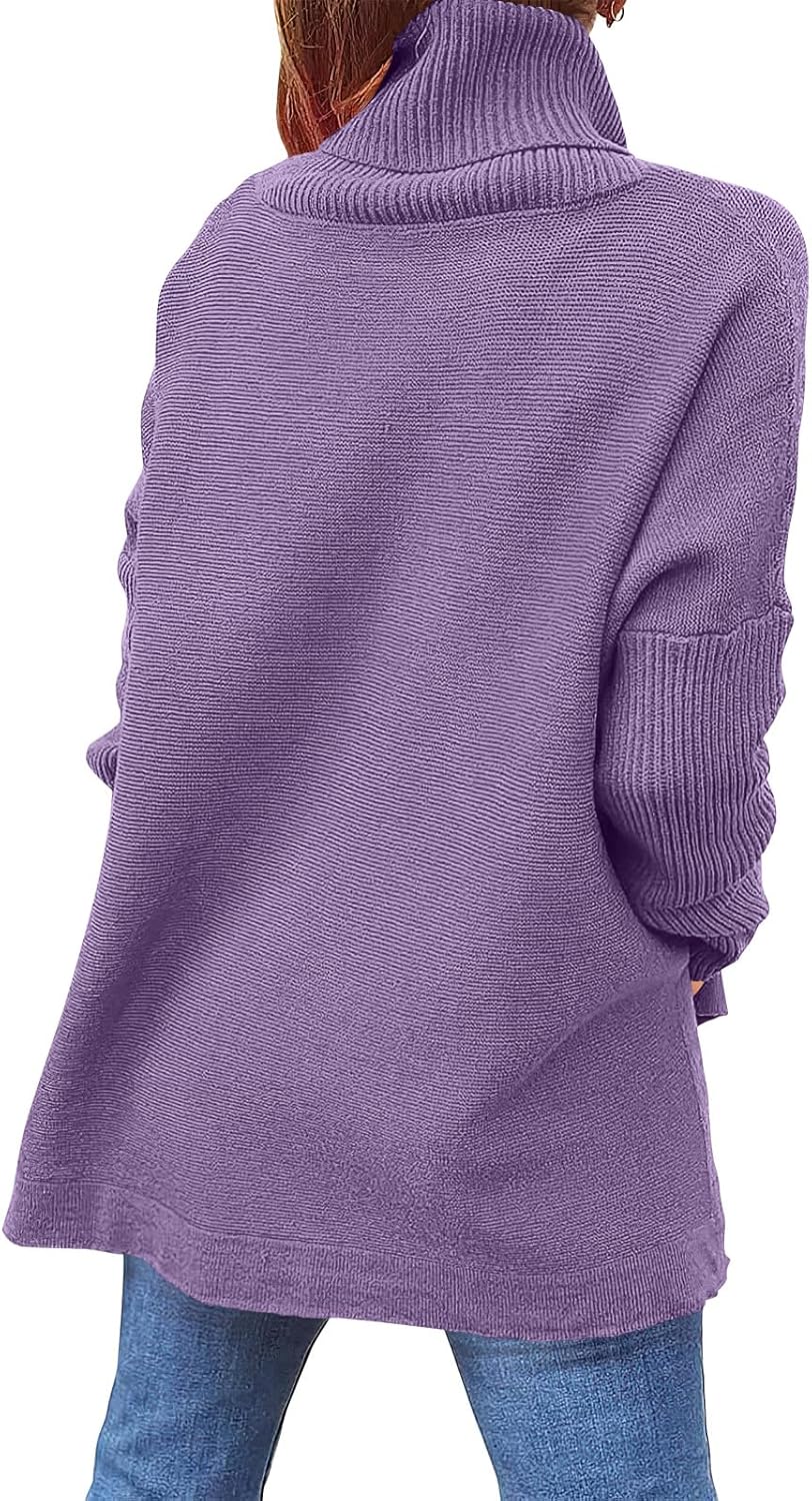 Caracilia Women's Turtleneck Oversized Sweaters 2024 Fall Long Batwing Sleeve Spilt Hem Tunic Pullover Sweater Knit Tops