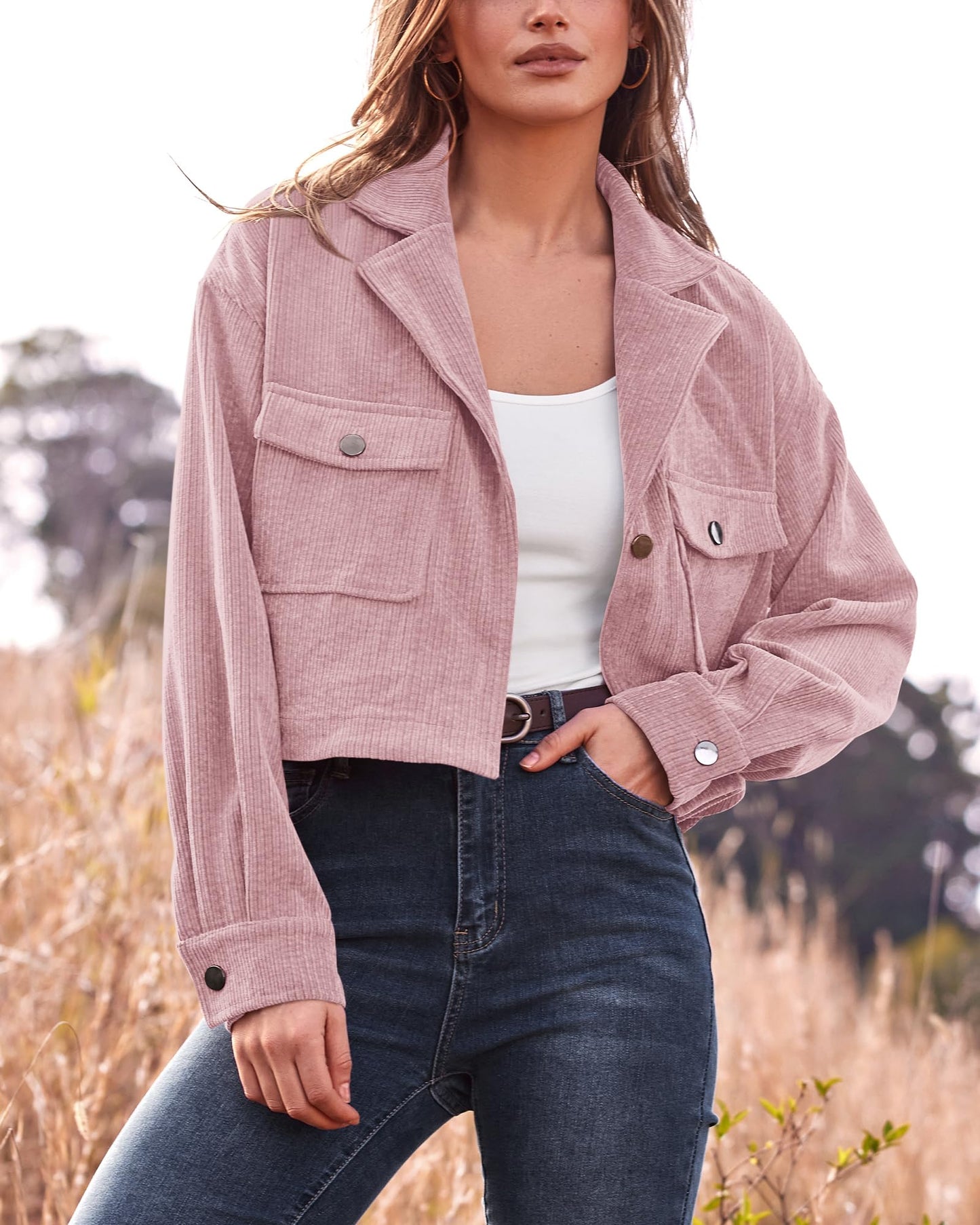 BTFBM Women's Corduroy Cropped Jacket 2024 Winter Fall Lapel Button Down Casual Short Shacket Jackets Coats with Pockets