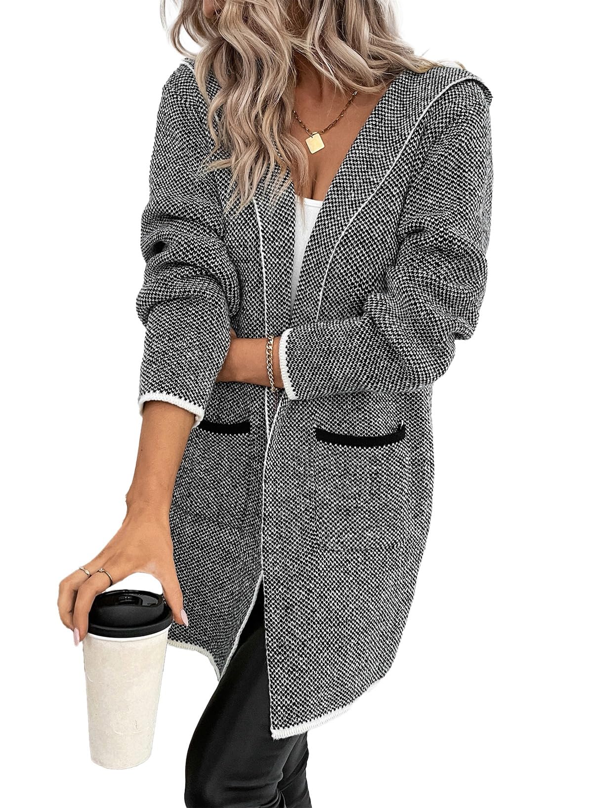 Sidefeel Women's 2024 Fall Long Sleeve Open Front Contrast Cardigan Sweaters Oversized Chunky Knit Hooded Sweaters Coat