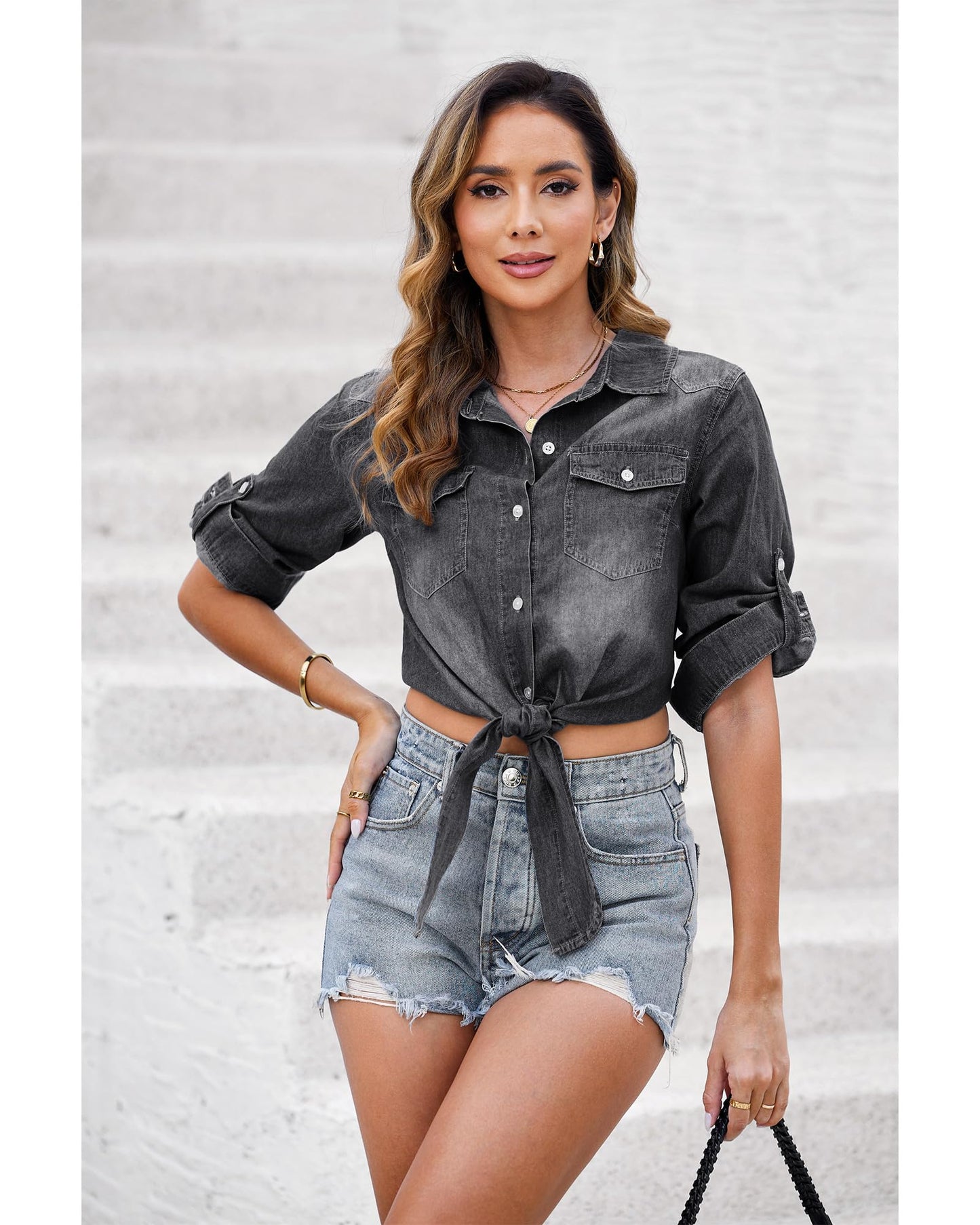 luvamia Denim Tops for Women Trendy Button Down Denim Shirt Tie Front Blouse 3/4 Sleeve Jean Chambray Crop Top Cardigan