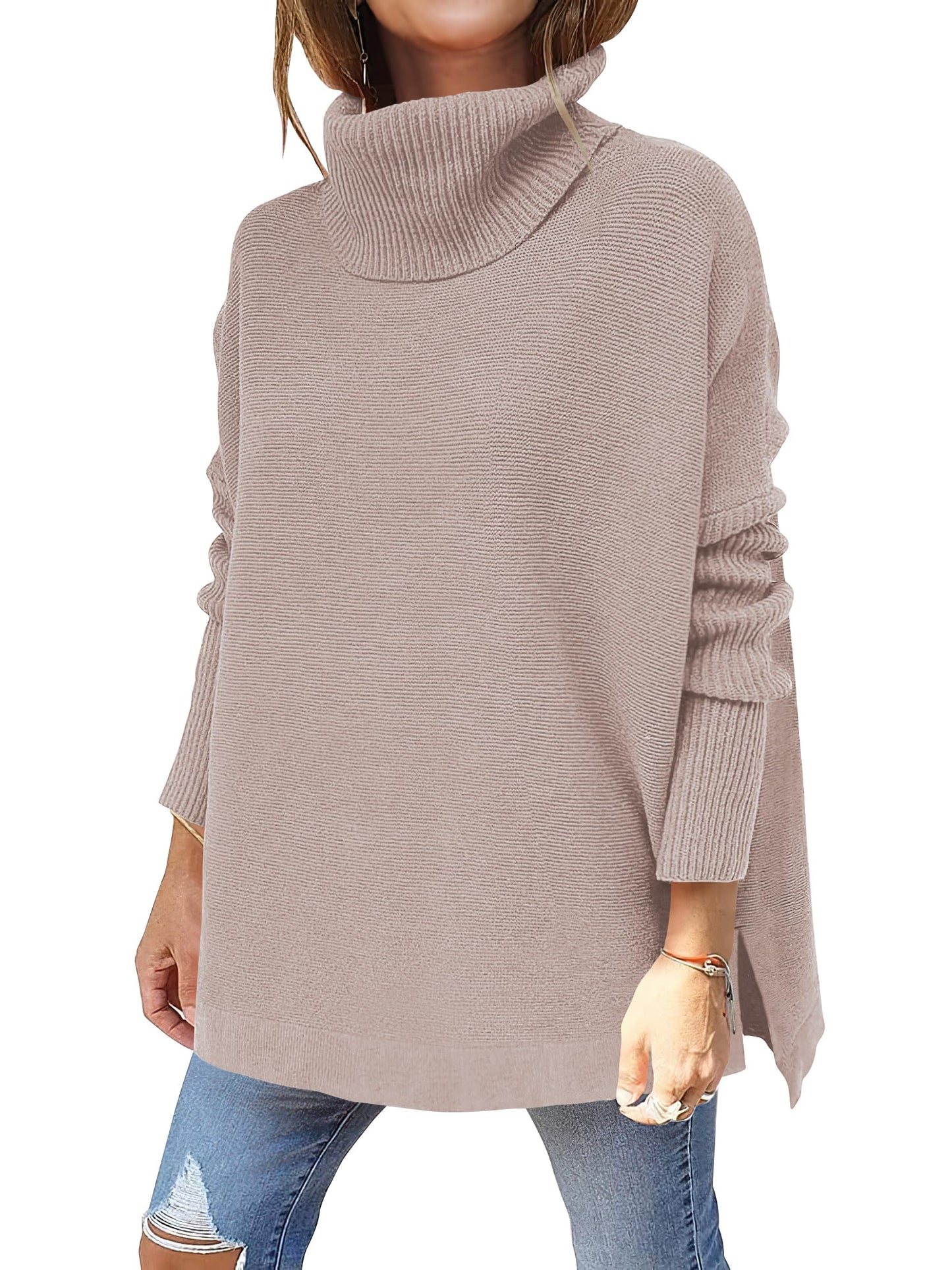 Caracilia Women's Turtleneck Oversized Sweaters 2024 Fall Long Batwing Sleeve Spilt Hem Tunic Pullover Sweater Knit Tops