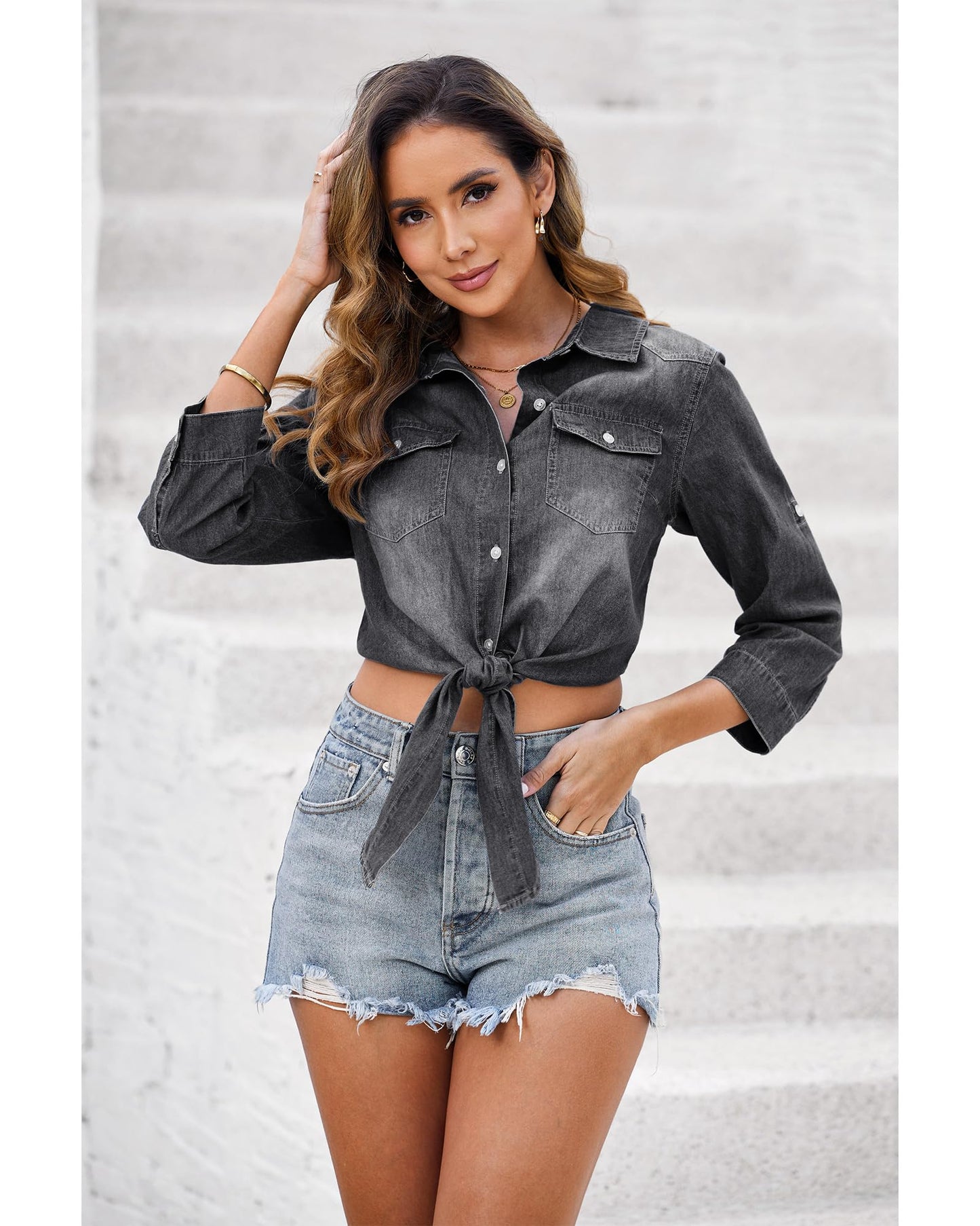 luvamia Denim Tops for Women Trendy Button Down Denim Shirt Tie Front Blouse 3/4 Sleeve Jean Chambray Crop Top Cardigan