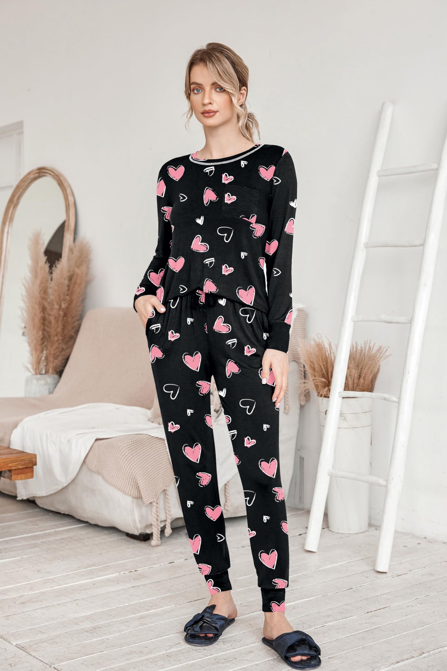 Ekouaer Pajamas Women's Long Sleeve Pj Set Soft 2 Piece Loungewear Sleepwear with Jogger Pants XS-3XL