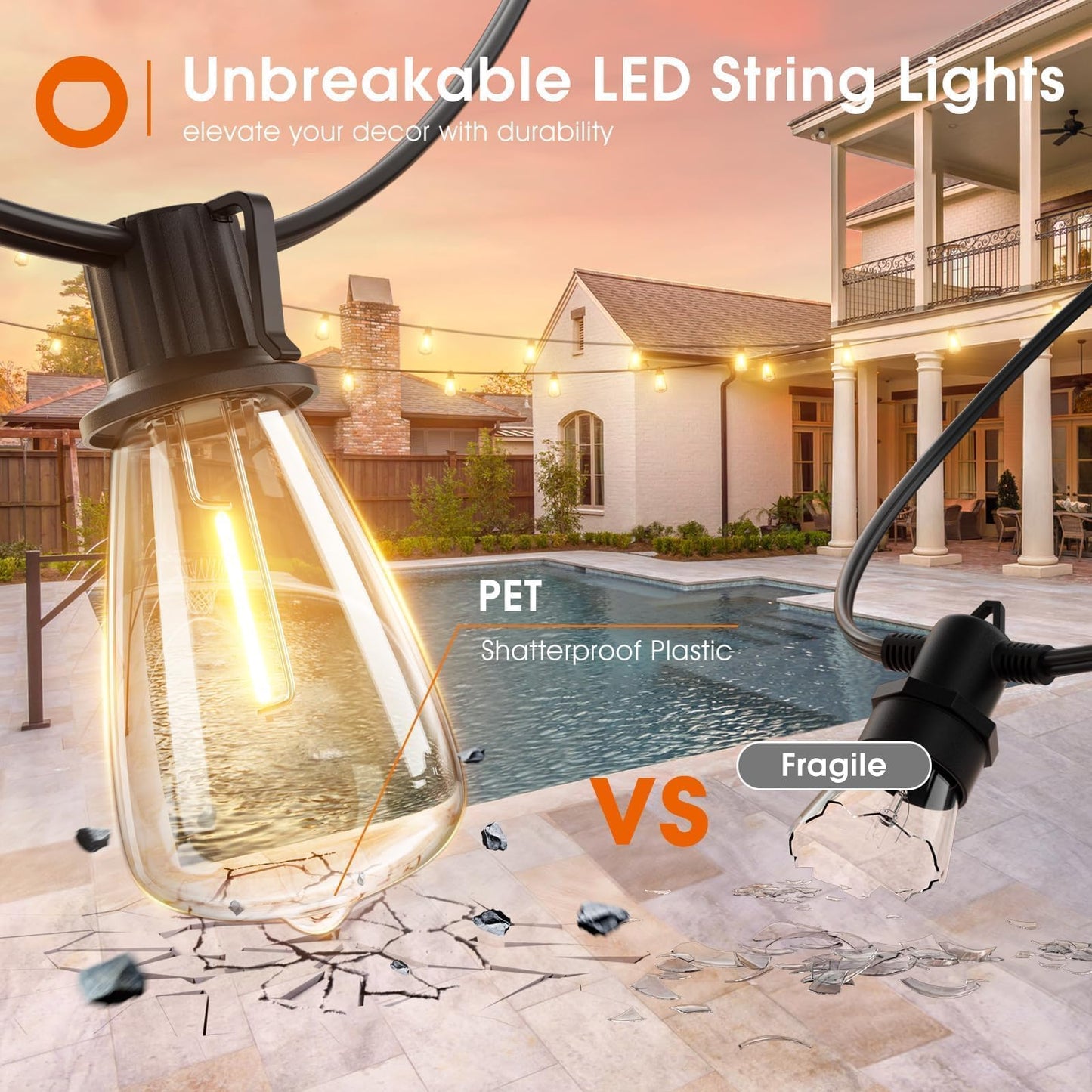 addlon 100FT(50FT*2) LED Outdoor String Lights Waterproof Patio Lights with 32 Shatterproof ST38 Replaceable Bulbs(2 Spare), Dimmable Outside Hanging Lights Connectable for Porch, Backyard, 2200K