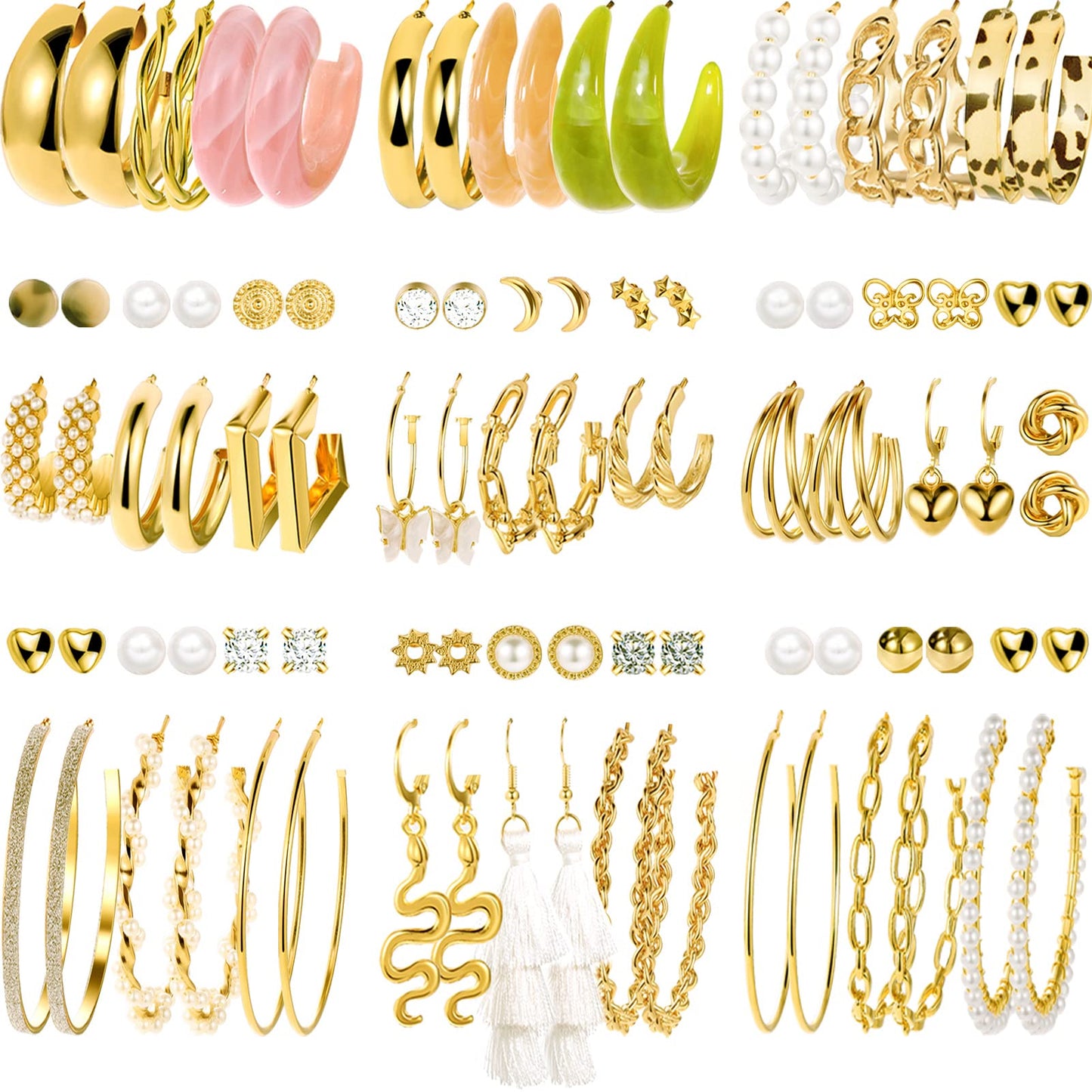 45 Pairs Gold Hoop Earrings for Women, Chunky Twisted Small Big Hoops Earring Packs Set, Earrings for women multipack, Fashion Trendy Earrings Jewelry for Birthday Party Christmas Gift