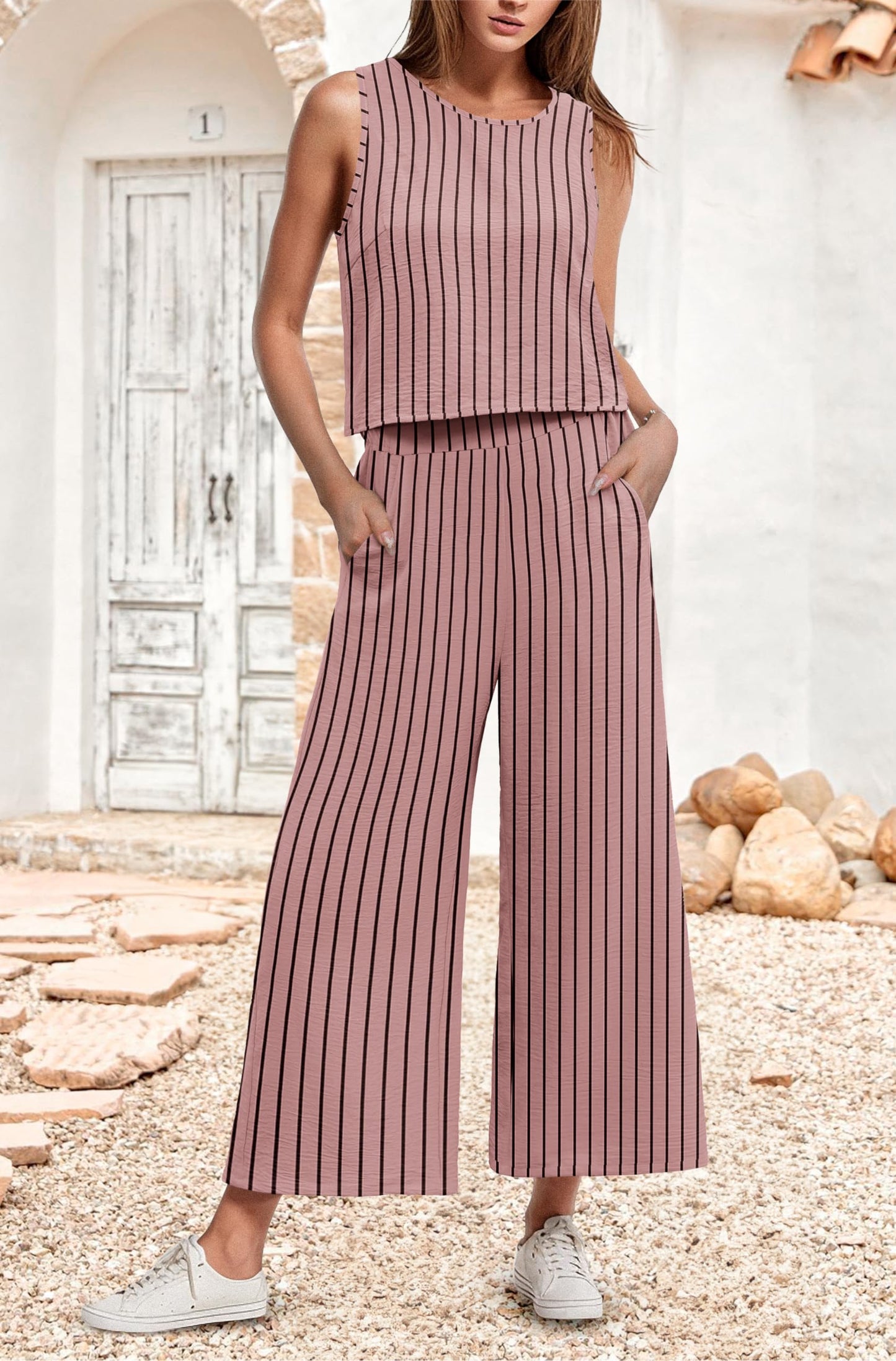 IWOLLENCE Women's Summer 2 Piece Outfits Set Round neck Sleeveless Tank Crop Top Wide Leg pants Set Pockets Jumpsuits