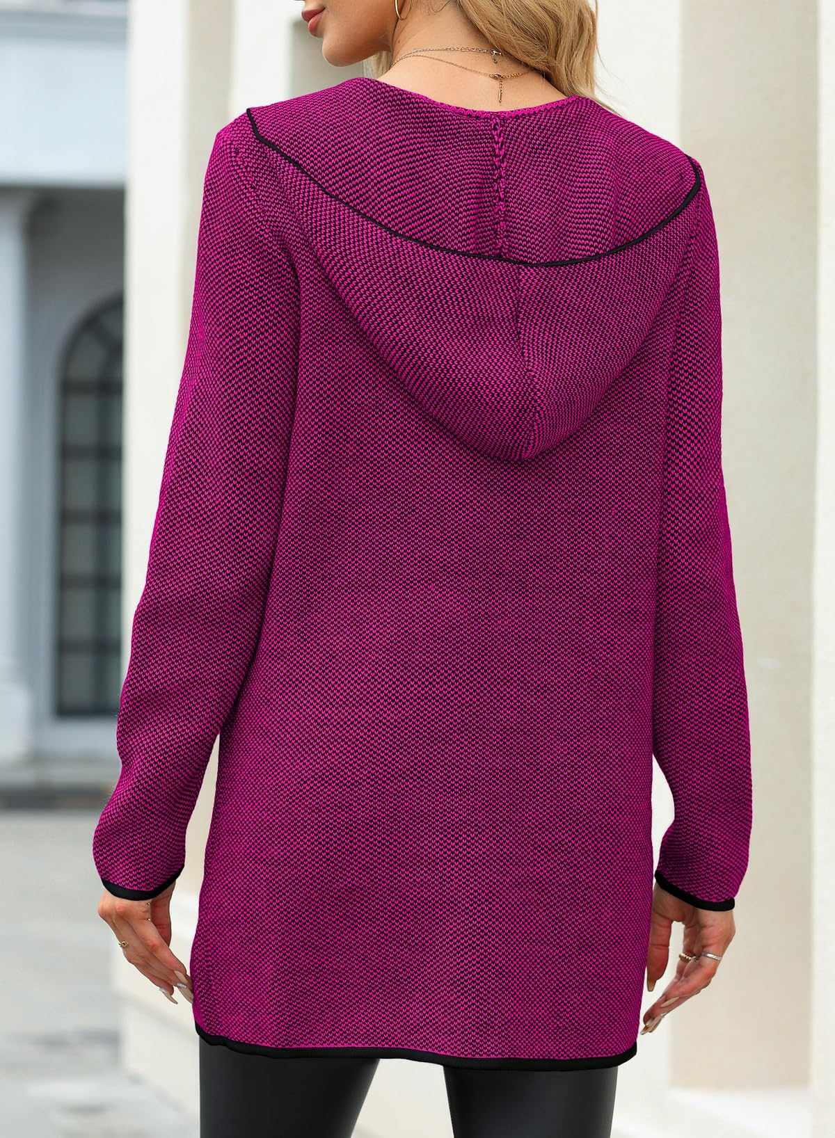 Sidefeel Women's 2024 Fall Long Sleeve Open Front Contrast Cardigan Sweaters Oversized Chunky Knit Hooded Sweaters Coat
