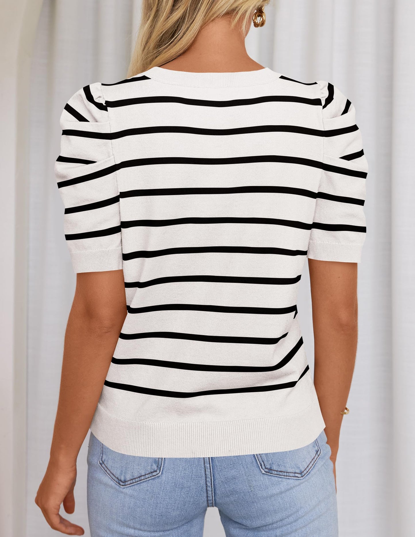 HAEOF Women's 2024 Short Puff Sleeve Knit Tops Trendy Crewneck Striped T Shirts Dressy Casual Blouses