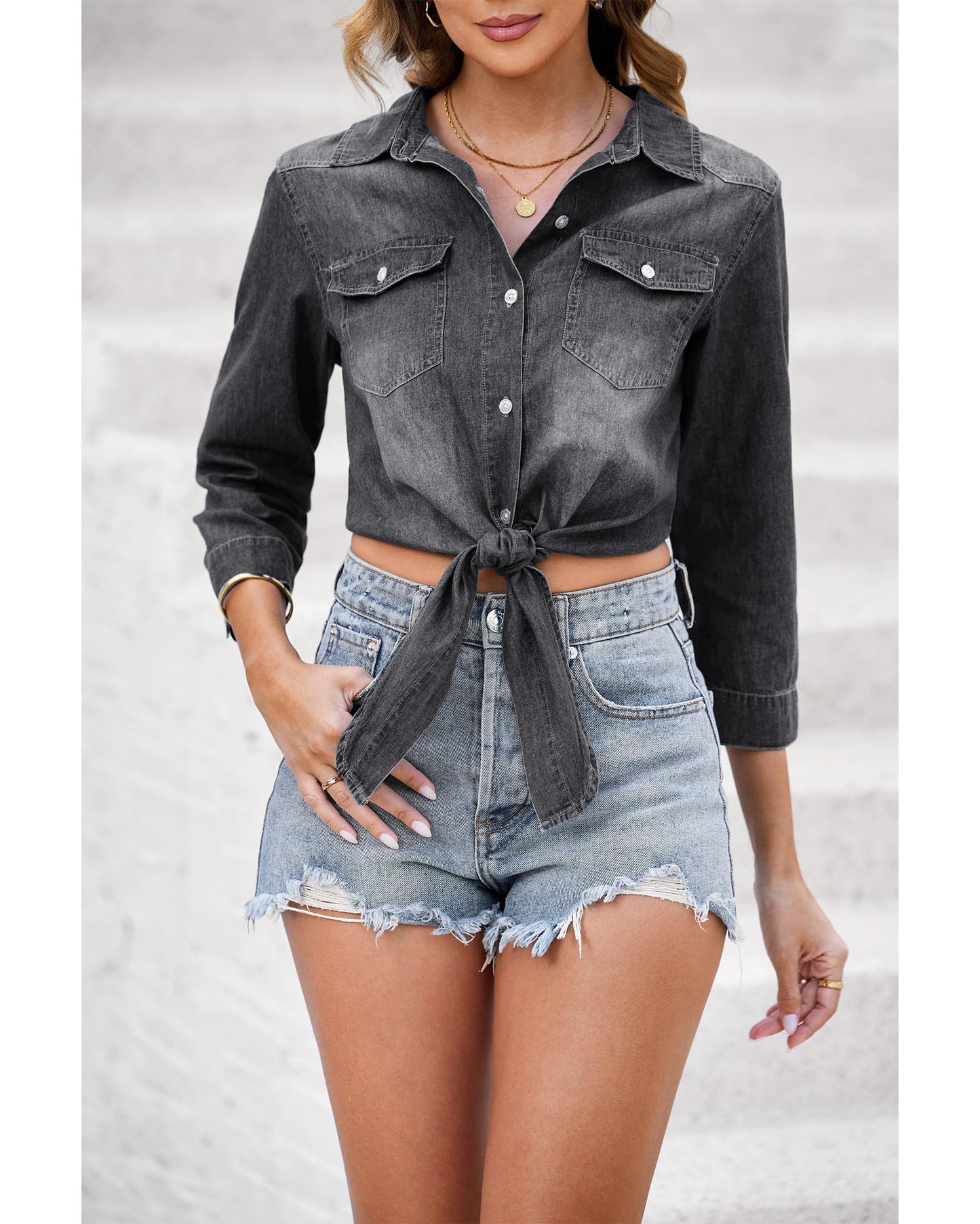 luvamia Denim Tops for Women Trendy Button Down Denim Shirt Tie Front Blouse 3/4 Sleeve Jean Chambray Crop Top Cardigan