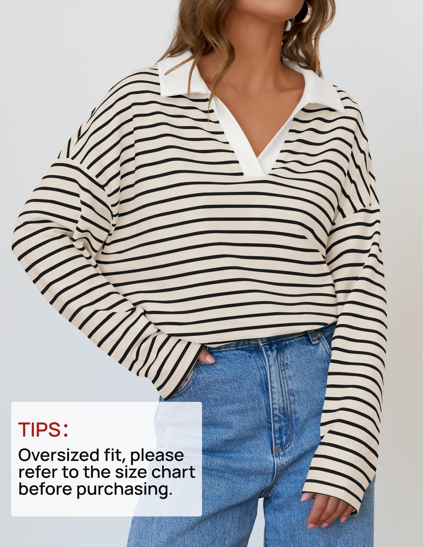 ZESICA Womens Striped Long Sleeve Shirts 2024 Casual V Neck Oversized Sweatshirt Loose Fit Tunic Tops Fall Blouses