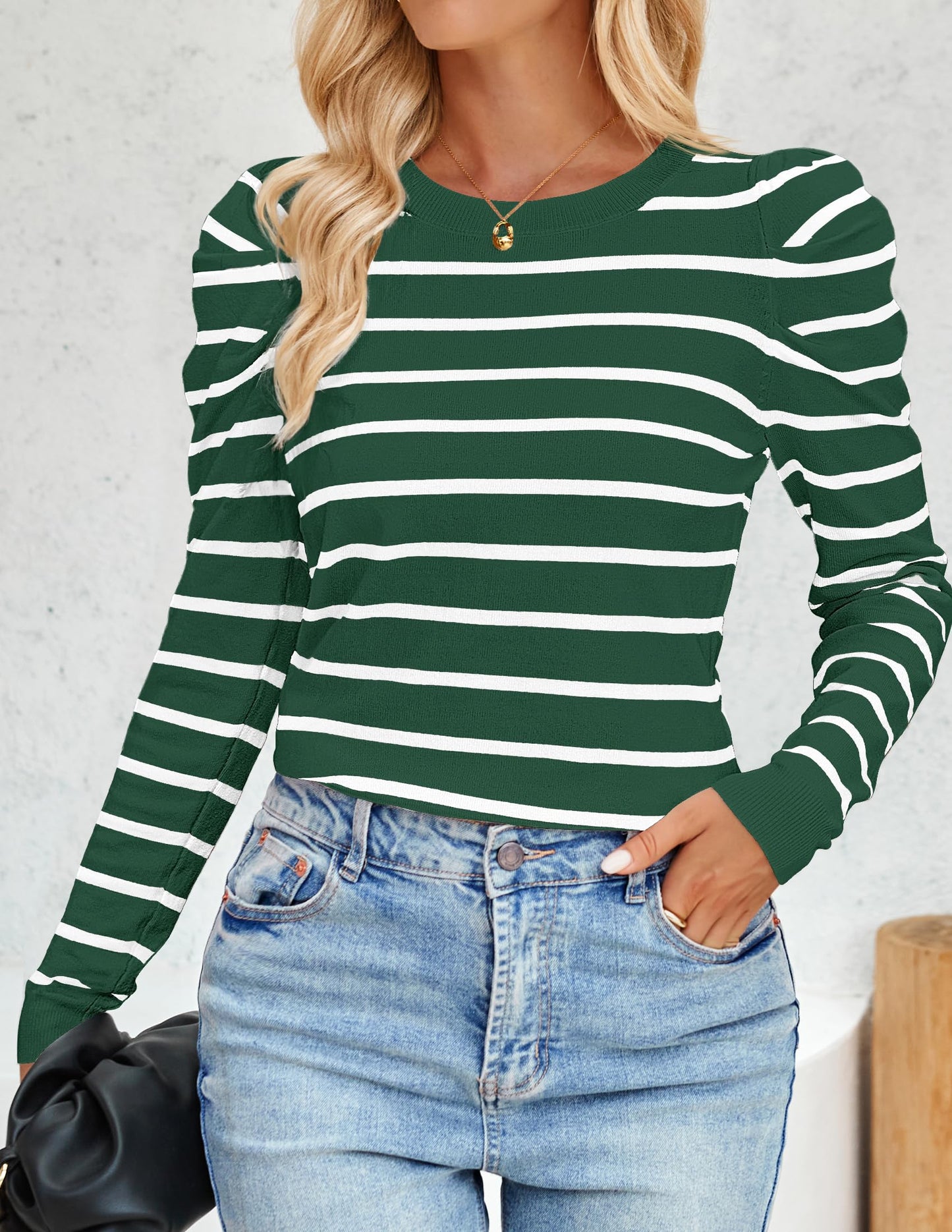 ZESICA Women's Striped Puff Long Sleeve Tops Fall Crewneck Ribbed Knit Casual Pullover Sweaters