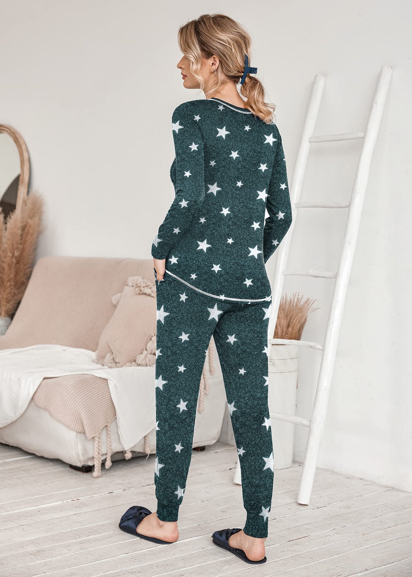 Ekouaer Pajamas Women's Long Sleeve Pj Set Soft 2 Piece Loungewear Sleepwear with Jogger Pants XS-3XL