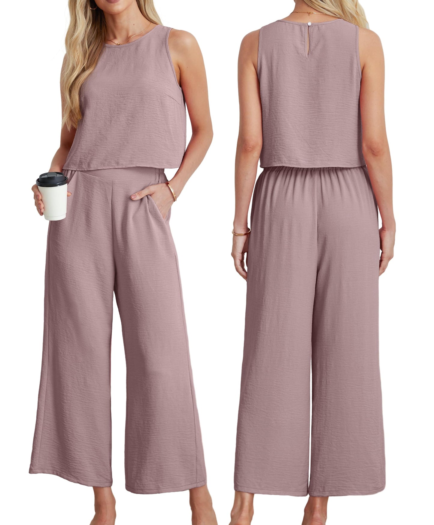 IWOLLENCE Women's Summer 2 Piece Outfits Set Round neck Sleeveless Tank Crop Top Wide Leg pants Set Pockets Jumpsuits