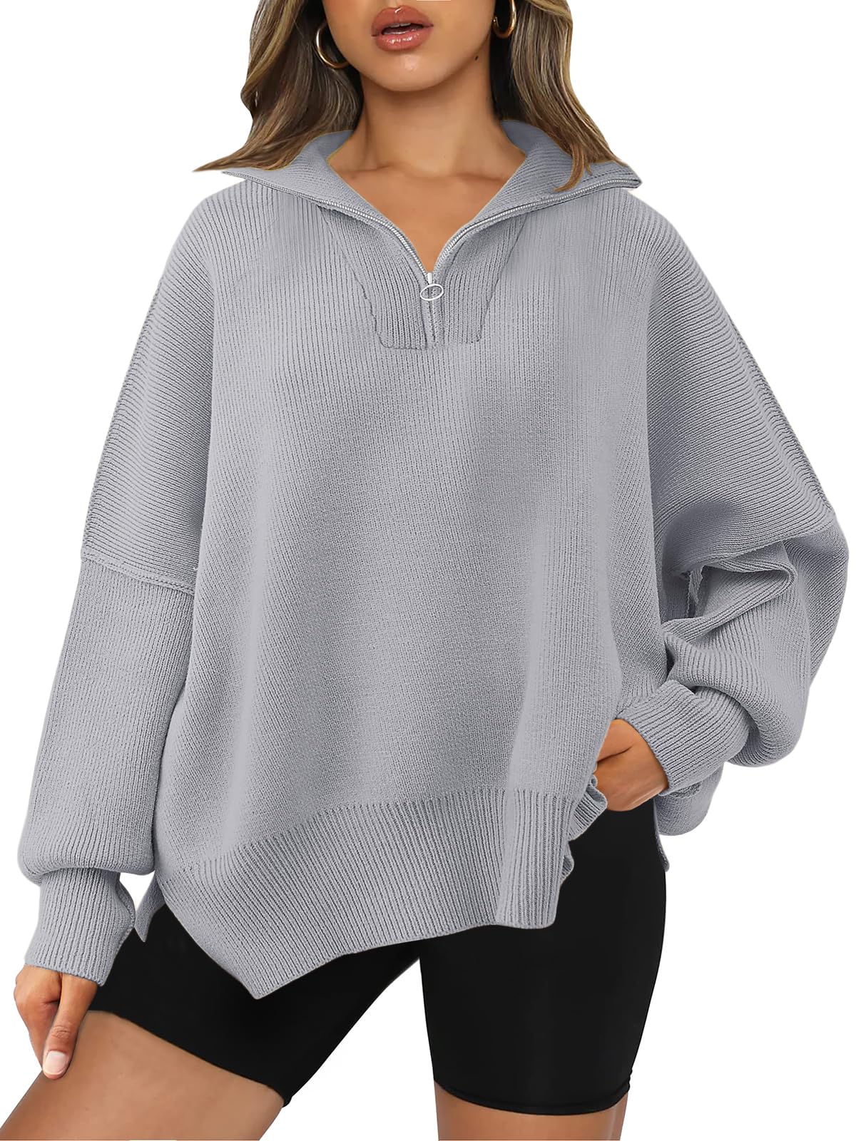 LILLUSORY Women's Oversized Sweaters 2024 Fall Trendy Zipper Collared Sweatshirts Drop Shoulder Tunic Knit Pullover Tops