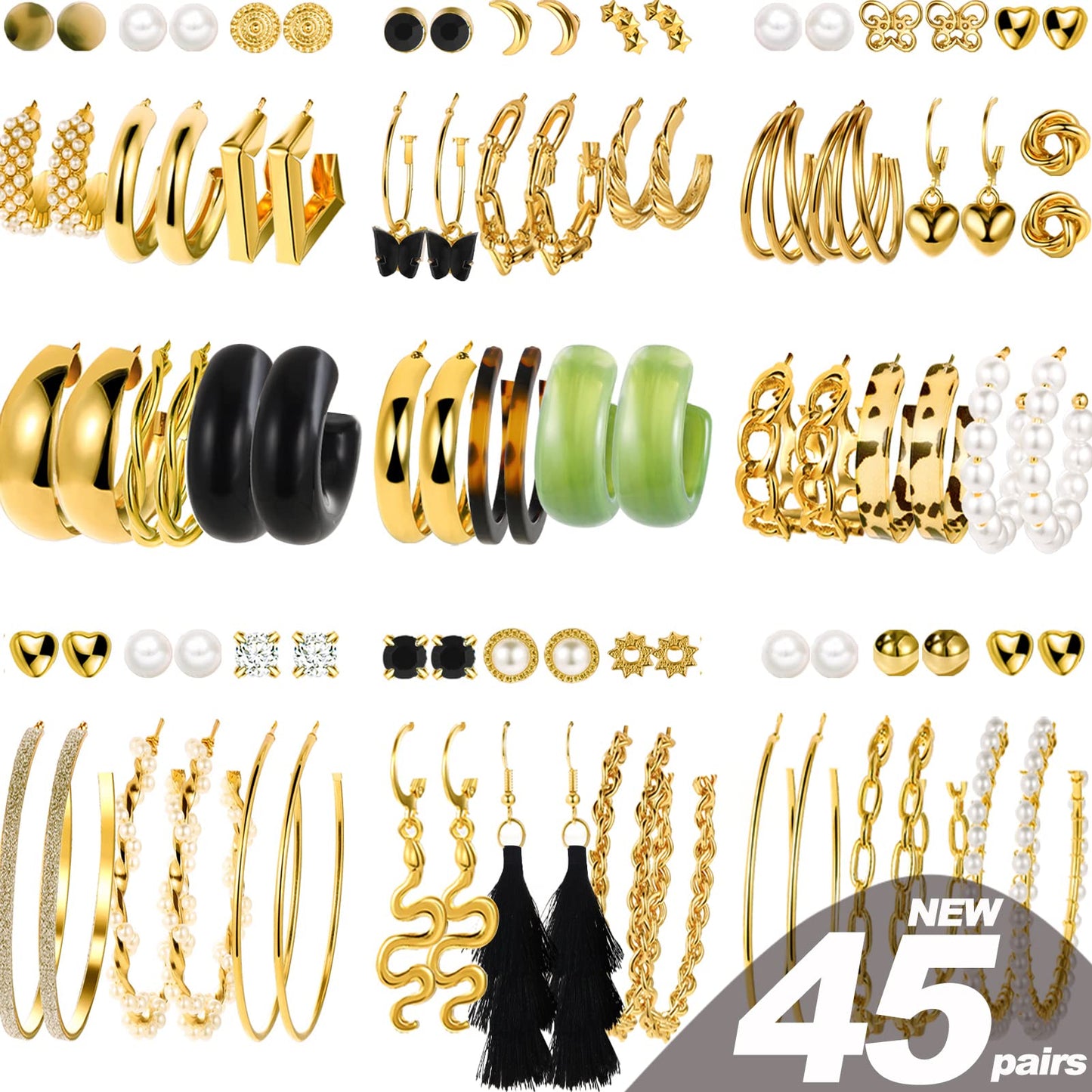 45 Pairs Gold Hoop Earrings for Women, Chunky Twisted Small Big Hoops Earring Packs Set, Earrings for women multipack, Fashion Trendy Earrings Jewelry for Birthday Party Christmas Gift