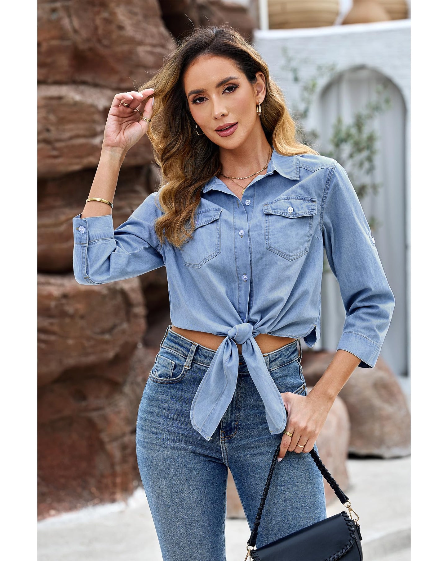 luvamia Denim Tops for Women Trendy Button Down Denim Shirt Tie Front Blouse 3/4 Sleeve Jean Chambray Crop Top Cardigan