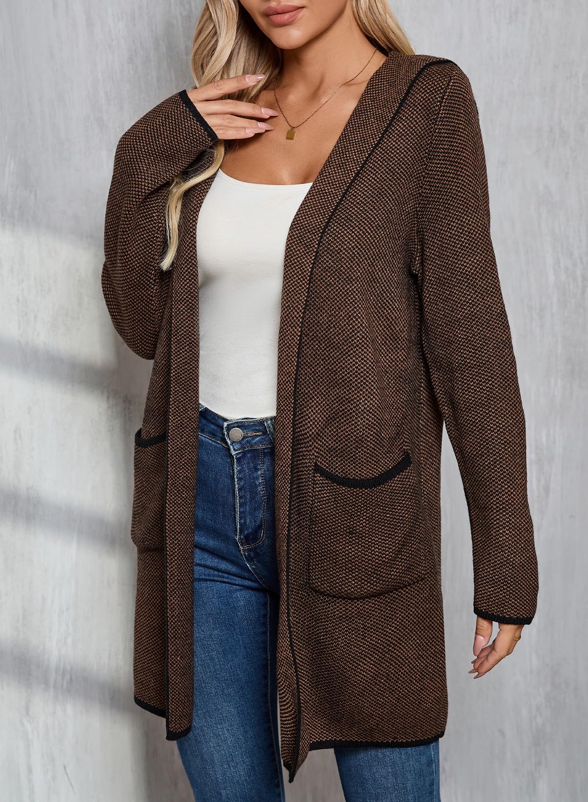 Sidefeel Women's 2024 Fall Long Sleeve Open Front Contrast Cardigan Sweaters Oversized Chunky Knit Hooded Sweaters Coat