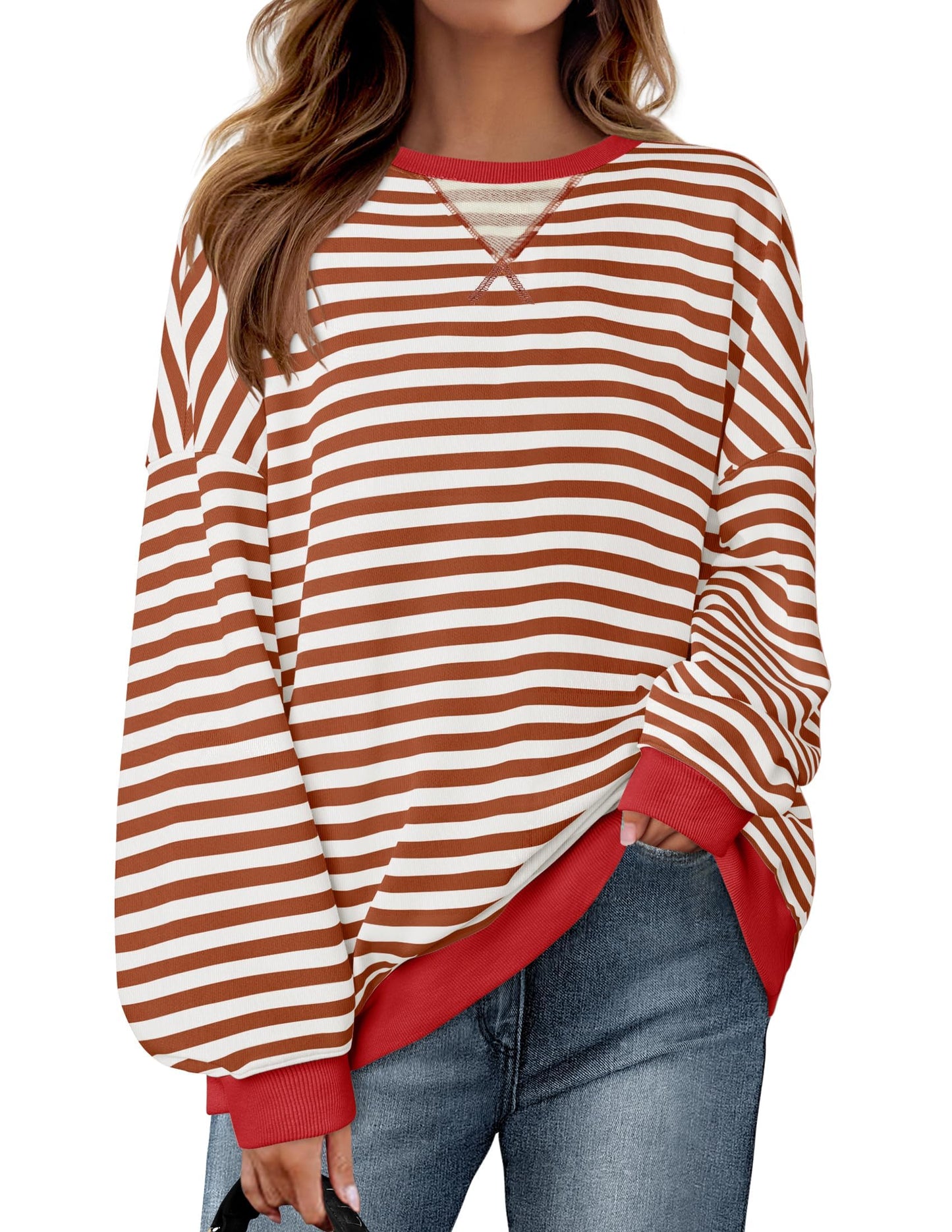 ZESICA Womens Casual Striped Pullover Tops Long Sleeve Shirts Crewneck Oversized Sweatshirts 2024 Fall Clothes