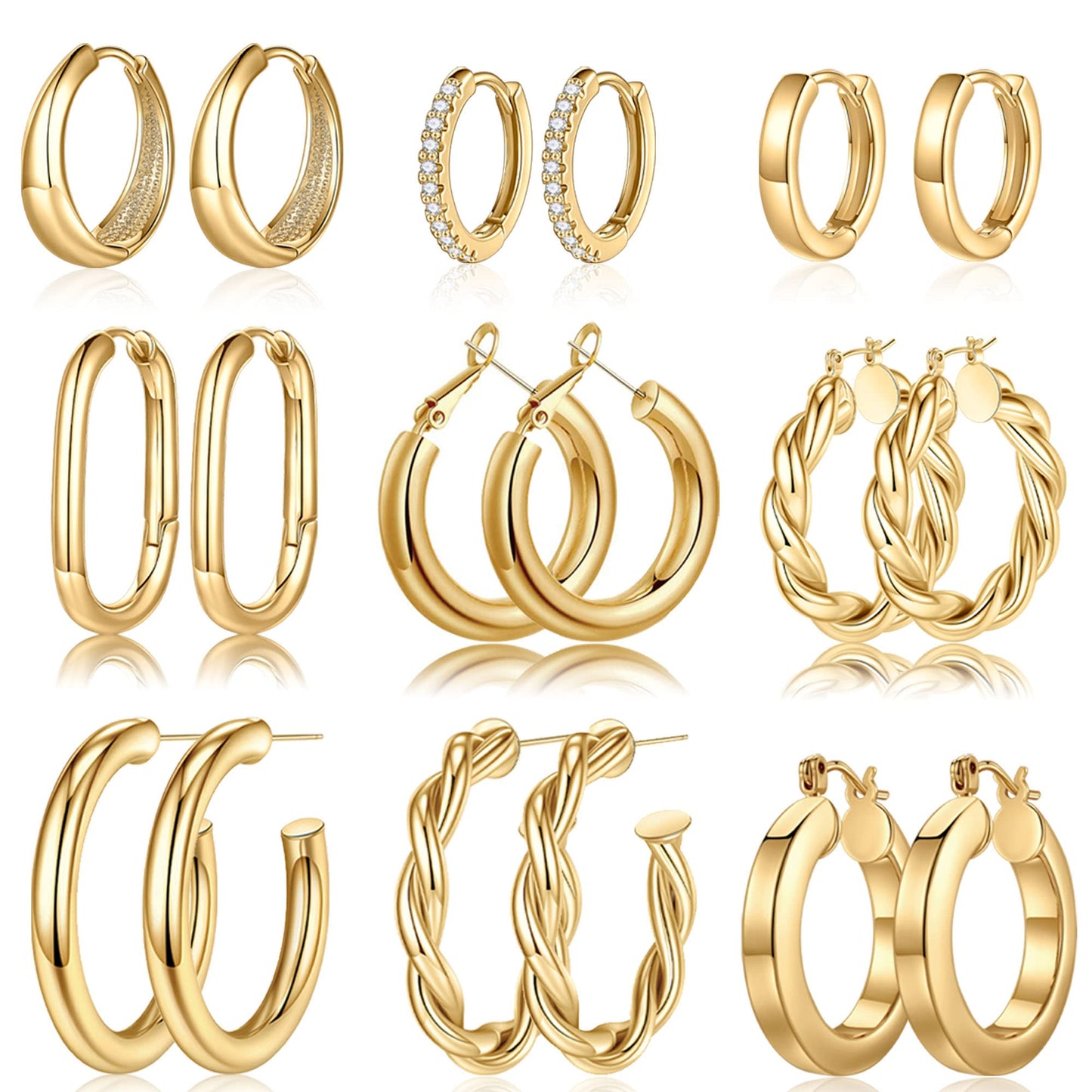 Yesteel 9 Pairs Gold Hoop Earrings for Women, 14K Real Gold Plated Chunky Hoop Earrings Set for Women Hypoallergenic Thick Lightweight Hoop Earrings for Women Gold Jewelry Gifts