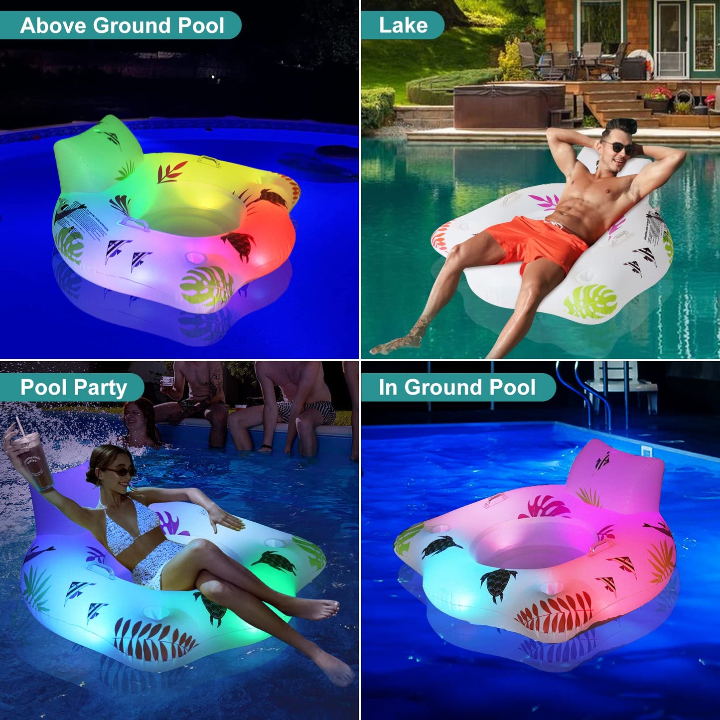 Inflatable Pool Floats Chair with Color Changing Light, Solar Powered Water Floats for Adults with 2 Cup Holders & 2 Armrests, Beach Float Pool Sofa, Pool Raft Lounge Pool Floaties for Adult