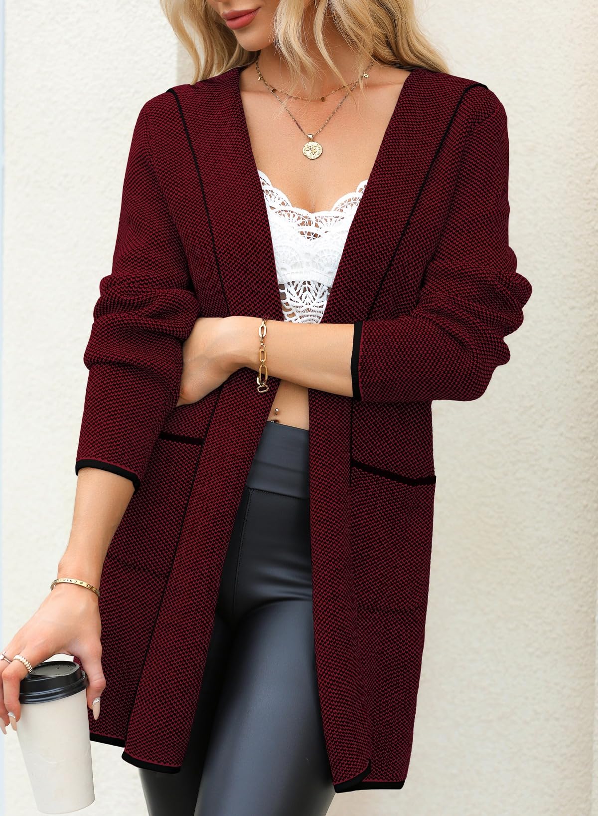 Sidefeel Women's 2024 Fall Long Sleeve Open Front Contrast Cardigan Sweaters Oversized Chunky Knit Hooded Sweaters Coat