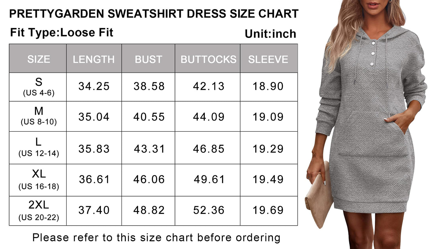 PRETTYGARDEN Long Sleeve Hoodies Dress 2024 Fall Trendy Texture Sweatshirts Outfits Button Hooded Dresses With Pockets