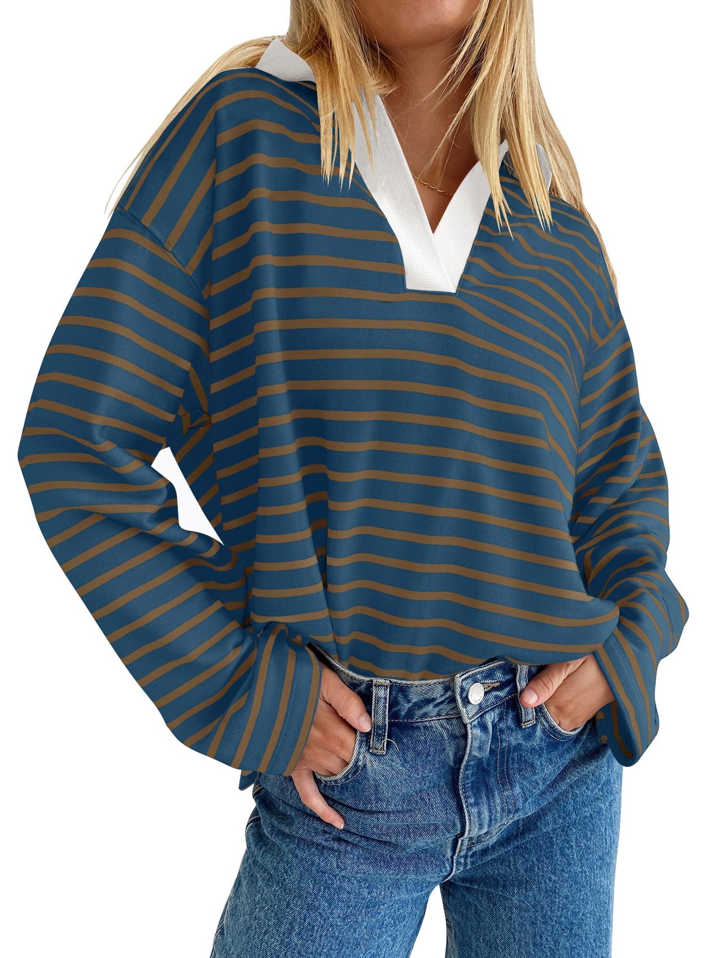 ZESICA Womens Striped Long Sleeve Shirts 2024 Casual V Neck Oversized Sweatshirt Loose Fit Tunic Tops Fall Blouses