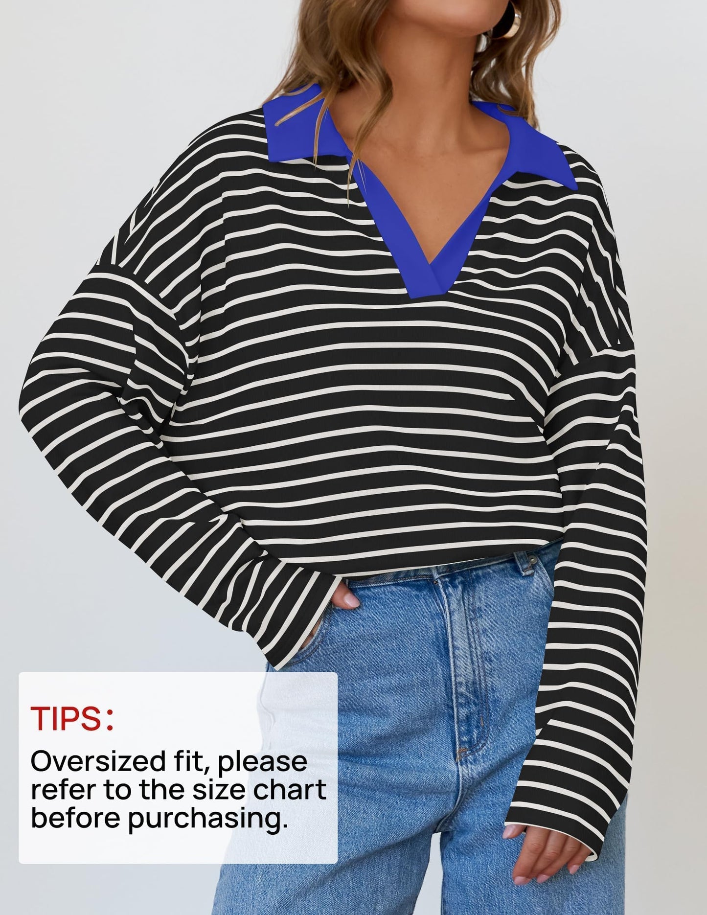 ZESICA Womens Striped Long Sleeve Shirts 2024 Casual V Neck Oversized Sweatshirt Loose Fit Tunic Tops Fall Blouses