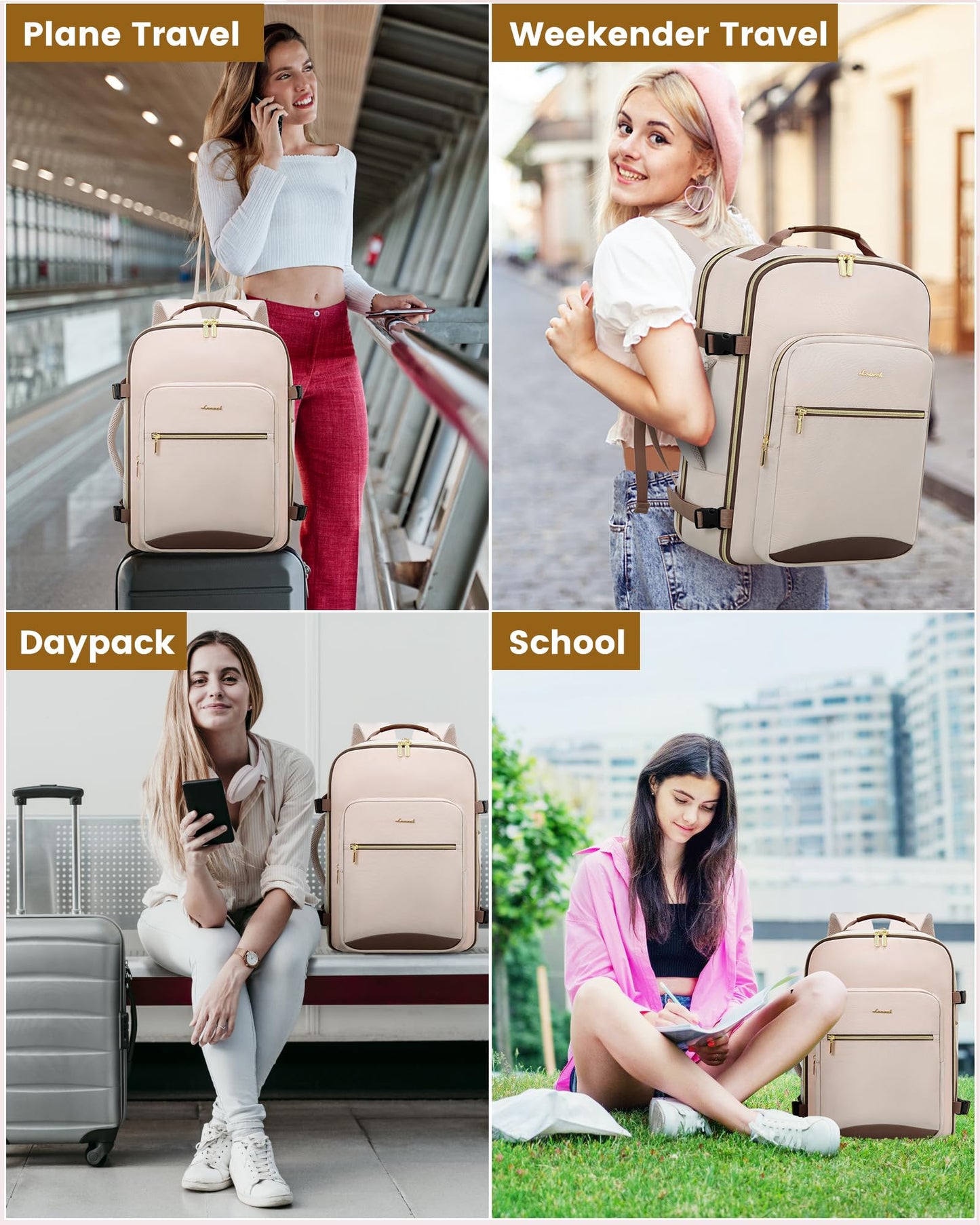 LOVEVOOK Carry on Backpack, 50L Travel Backpack Women for Airplanes, 18inch Laptop Backpack with Toiletry Bag Carry on Bags for Airplanes Casual Daypack for Weekender Overnight Hiking, Beige