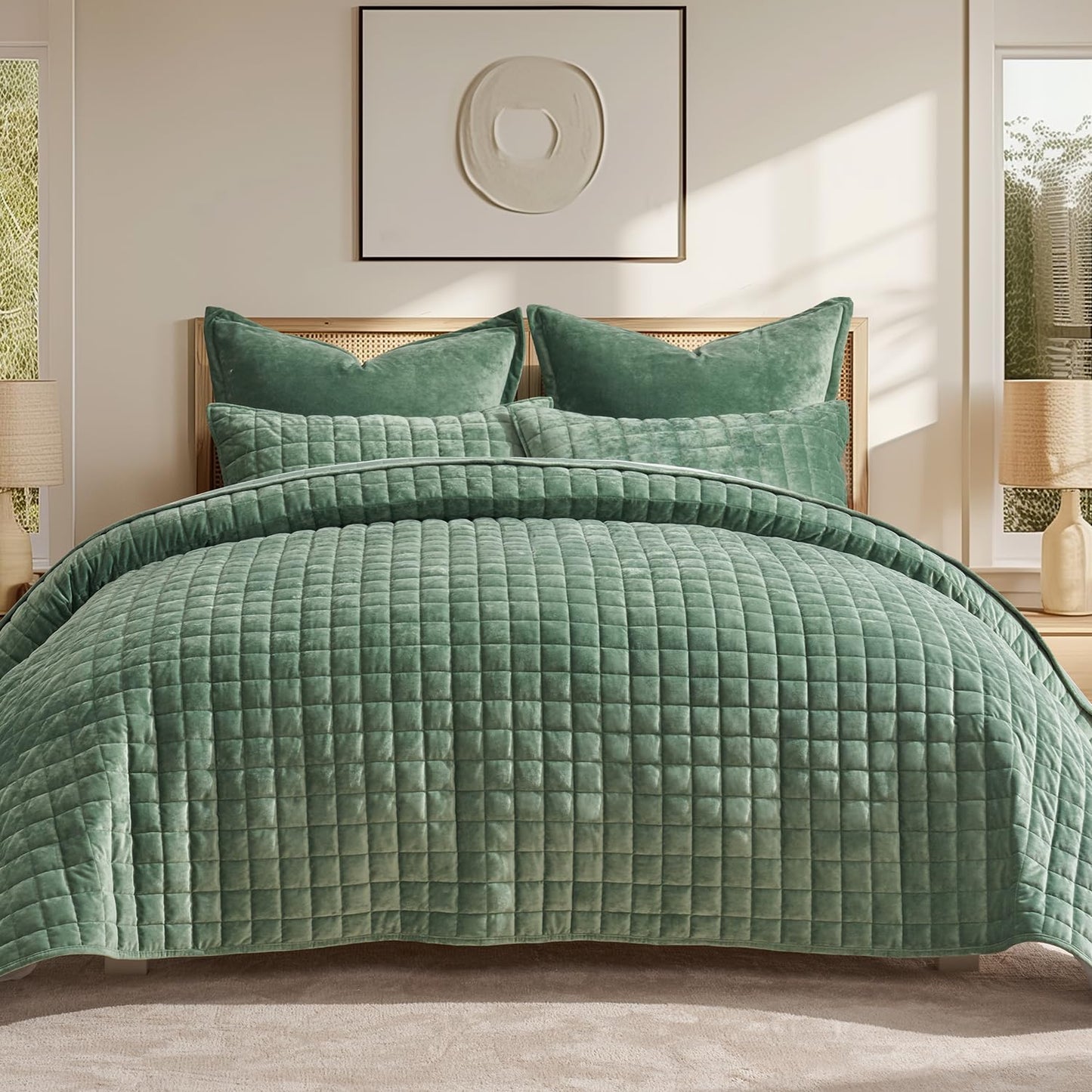 RECYCO Luxury Velvet Quilt King Size, Ultra Soft Velvet Bedding Sets, Lightweight Quilted Velvet Comforter Set, Channel Stitch Oversized Bedspread Coverlet with 2 Pillow Shams, Emerald Green