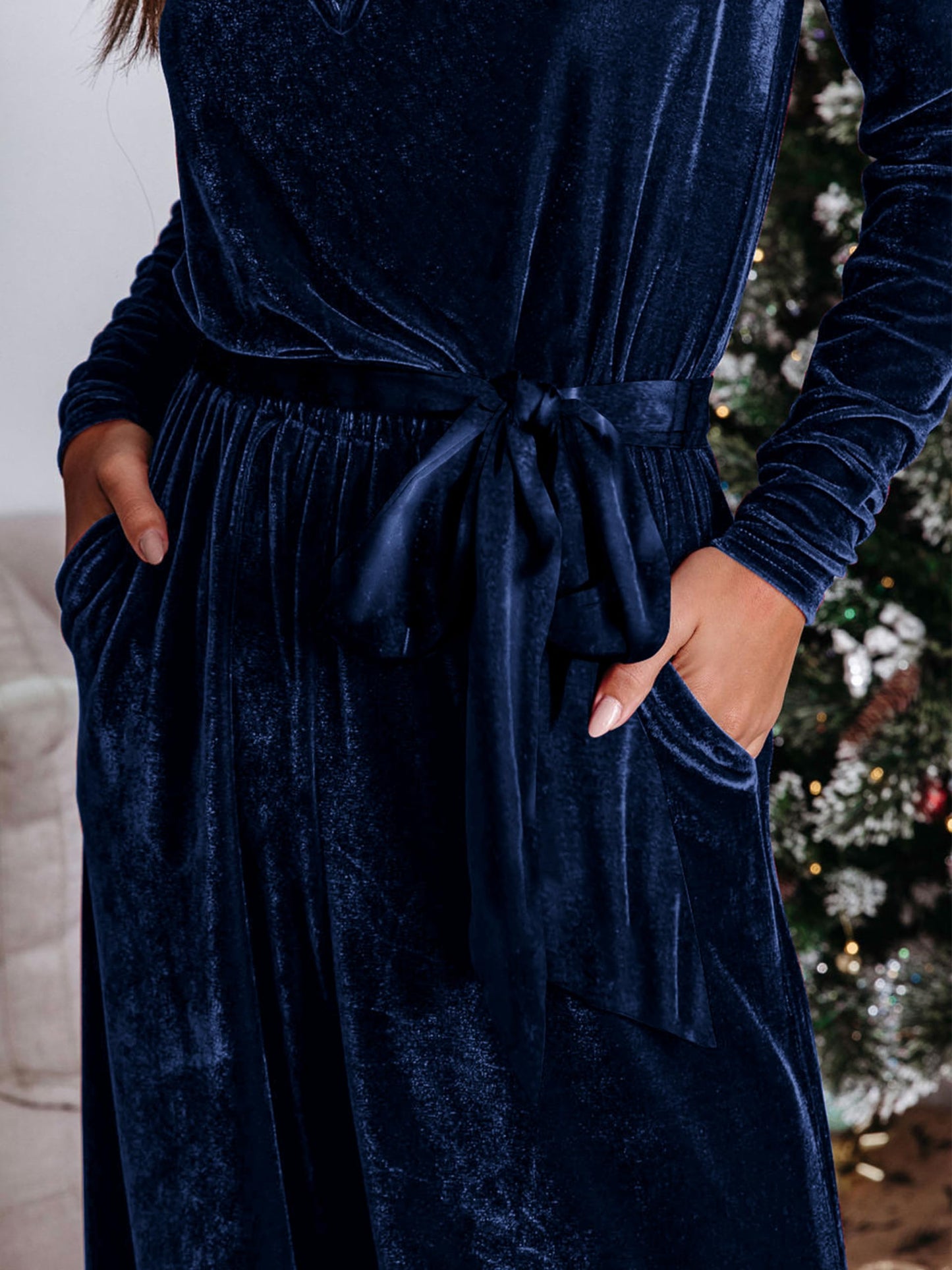 MASCOMODA 2024 Velvet Long Sleeve Wide Leg Jumpsuits for Women Dressy V Neck Belted Romper One Piece Fall Outfits with Pocket
