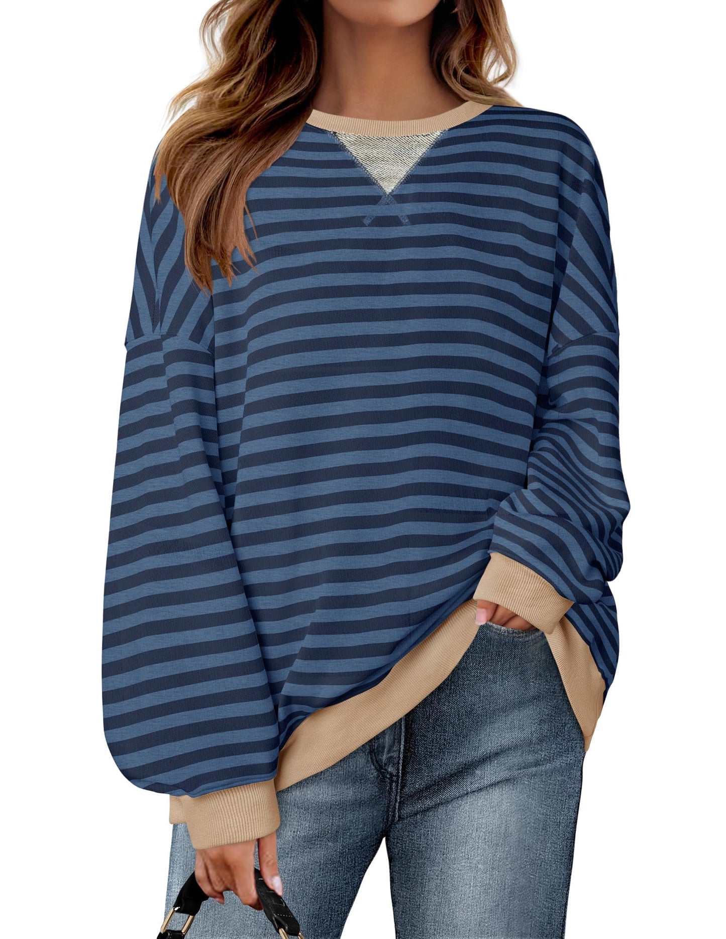 ZESICA Womens Casual Striped Pullover Tops Long Sleeve Shirts Crewneck Oversized Sweatshirts 2024 Fall Clothes