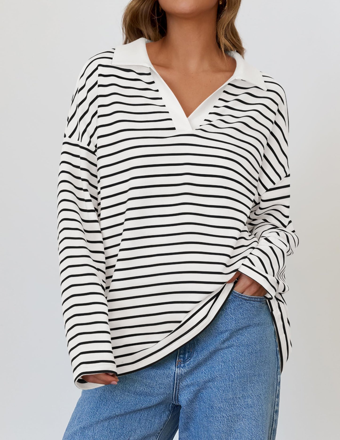 ZESICA Womens Striped Long Sleeve Shirts 2024 Casual V Neck Oversized Sweatshirt Loose Fit Tunic Tops Fall Blouses