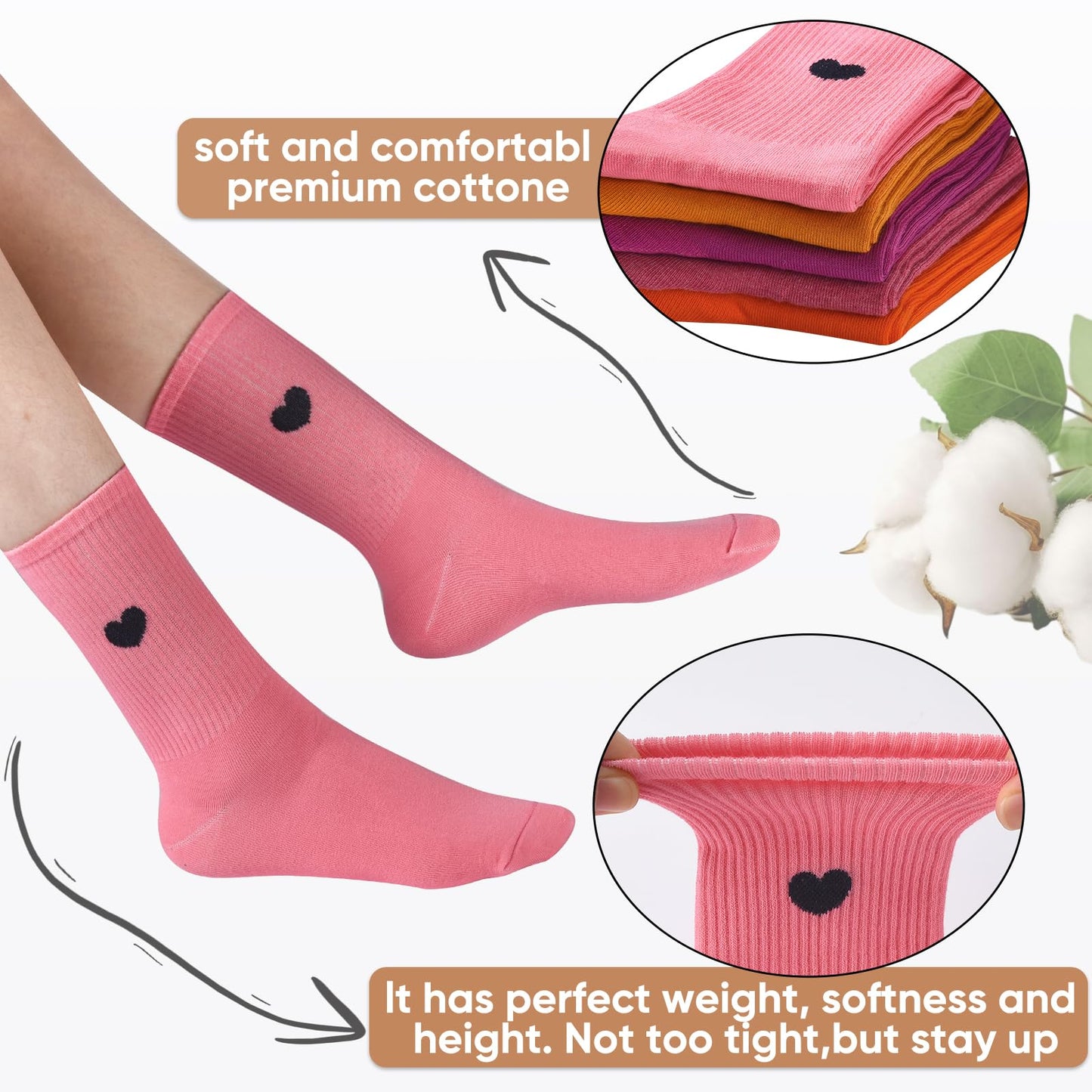 Corlap Women's Crew Calf Cotton Socks Long Fun Cute Heart Soft Dress Socks,Above Ankle High Casual Socks(5Pairs Gifts Box)