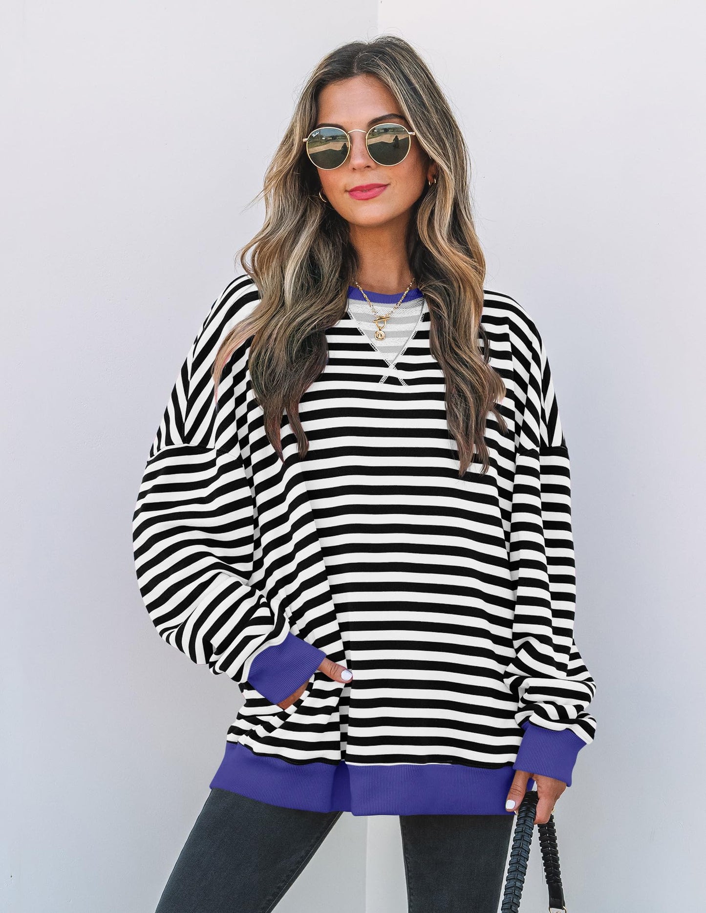 ZESICA Womens Casual Striped Pullover Tops Long Sleeve Shirts Crewneck Oversized Sweatshirts 2024 Fall Clothes