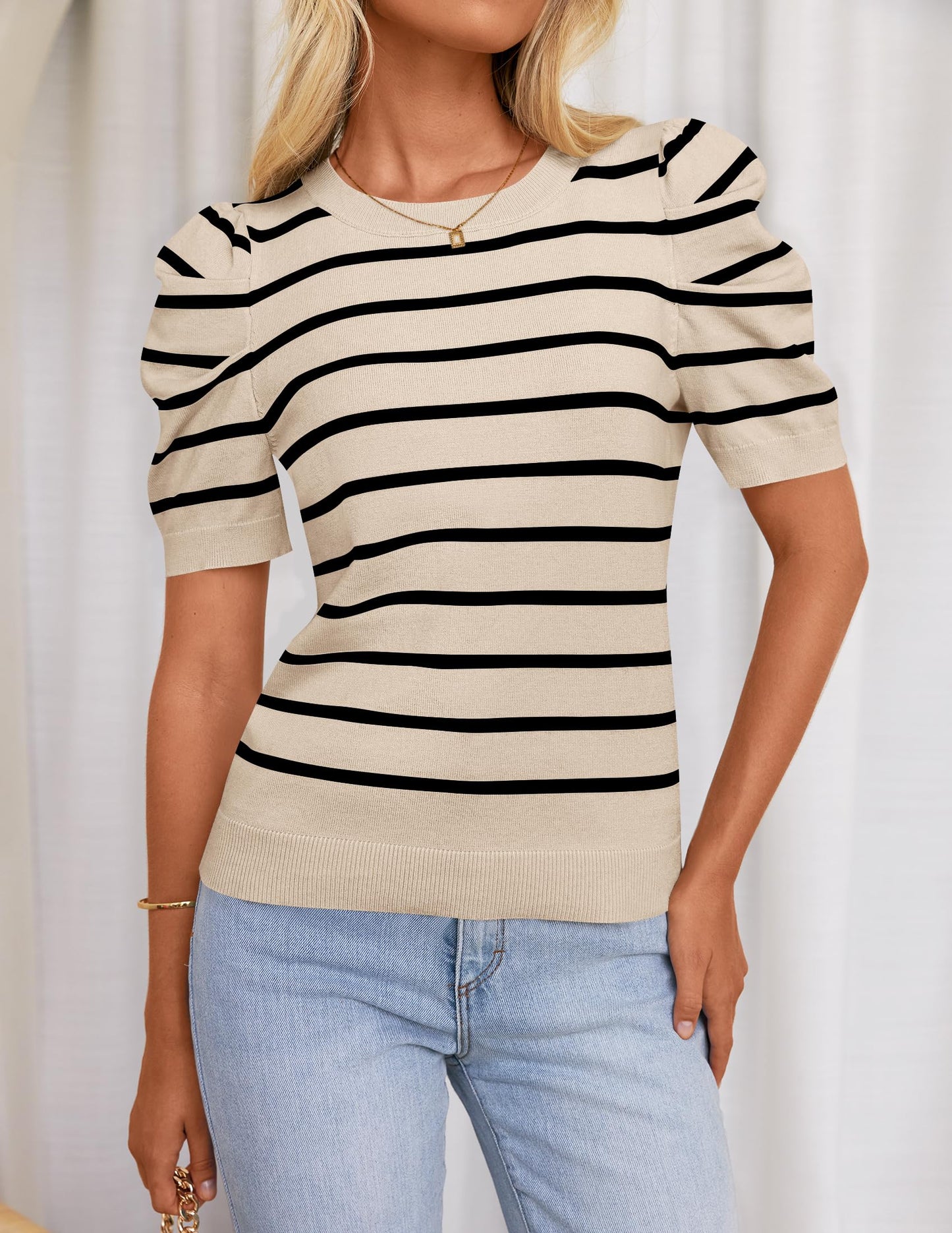 HAEOF Women's 2024 Short Puff Sleeve Knit Tops Trendy Crewneck Striped T Shirts Dressy Casual Blouses