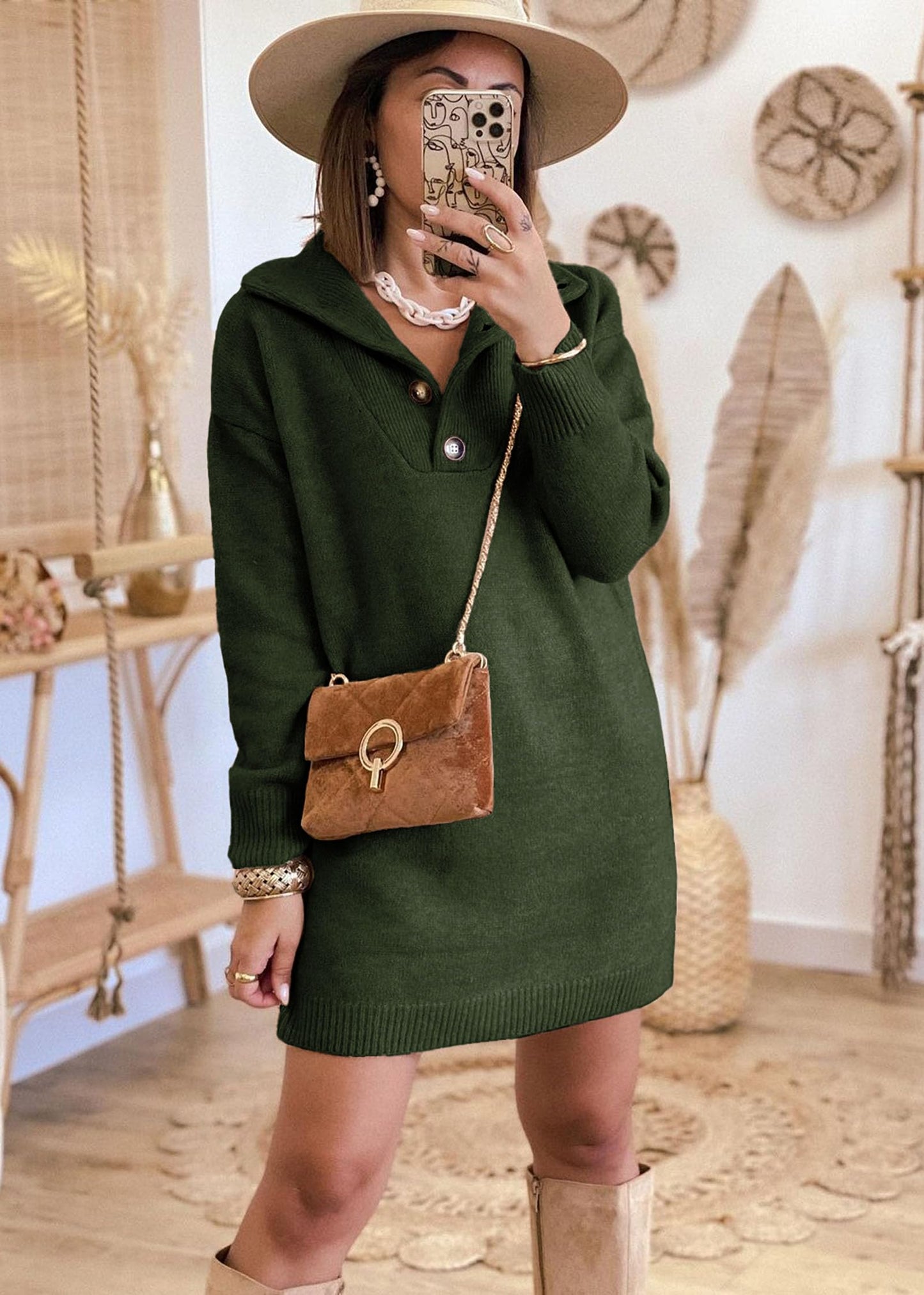 KIRUNDO Women's 2024 Fall Winter Long Sleeve Turtleneck Sweater Dress Button Down Solid Lapel Knit Mini Pullover Dresses