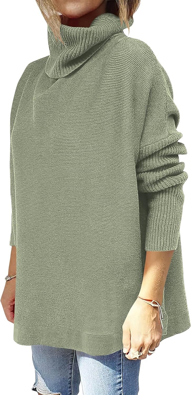 Caracilia Women's Turtleneck Oversized Sweaters 2024 Fall Long Batwing Sleeve Spilt Hem Tunic Pullover Sweater Knit Tops