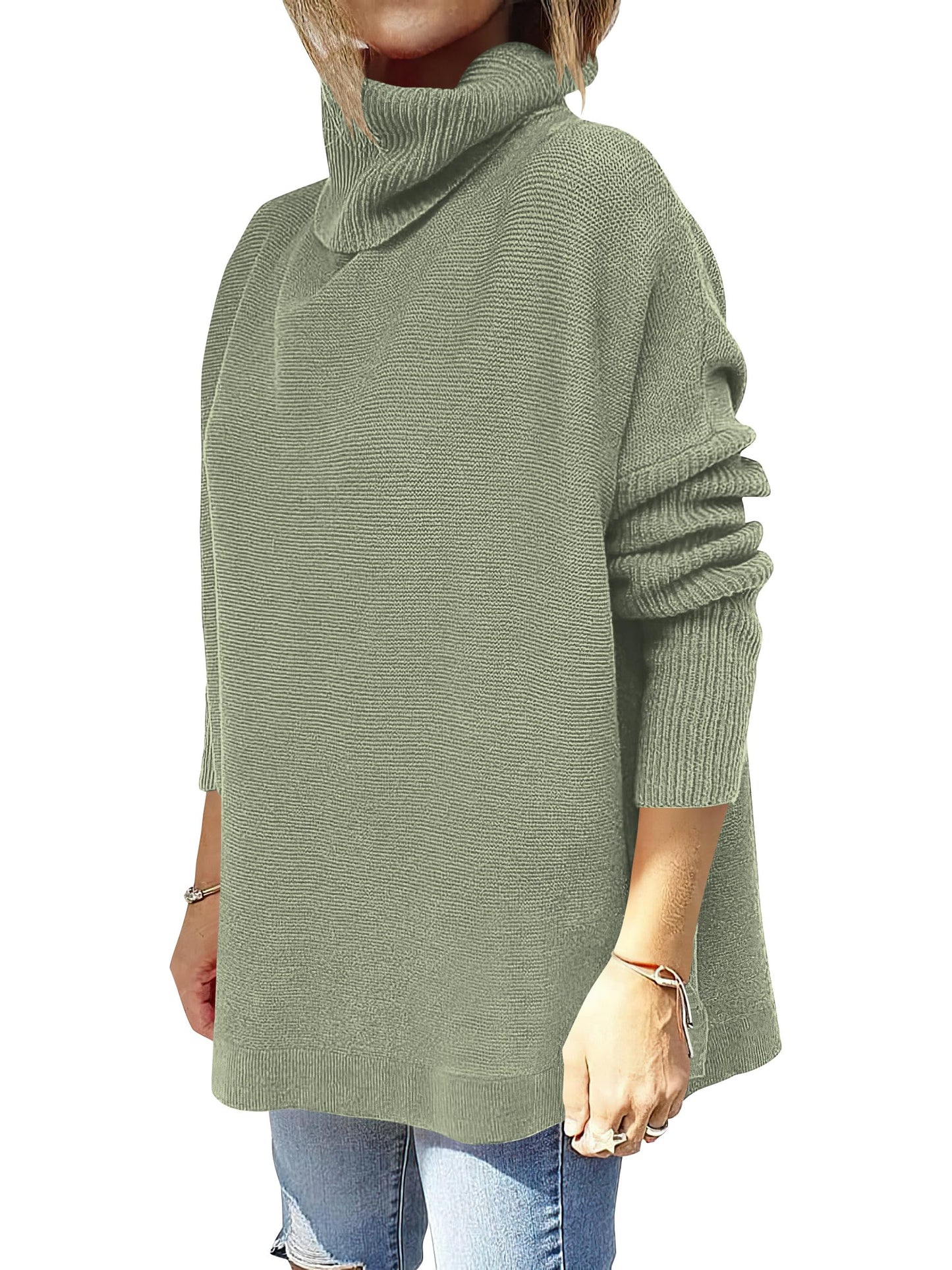 Caracilia Women's Turtleneck Oversized Sweaters 2024 Fall Long Batwing Sleeve Spilt Hem Tunic Pullover Sweater Knit Tops