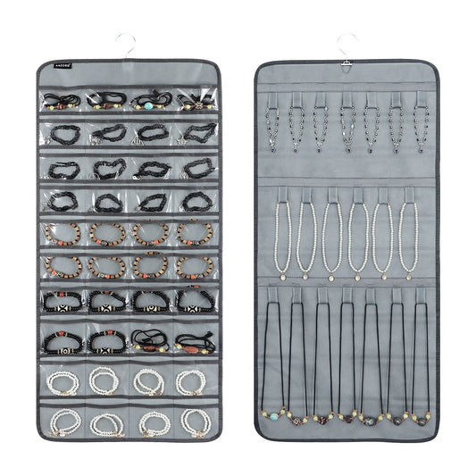 Dual-sided Hanging Jewelry Organizer with 40 Pockets and 20 Hook Loops Necklace Holder Jewelries Organizer for Earrings Bracelets Rings with 360 Degree Rotating Hanger (40 Pockets and 20 Hook Loops-Grey)