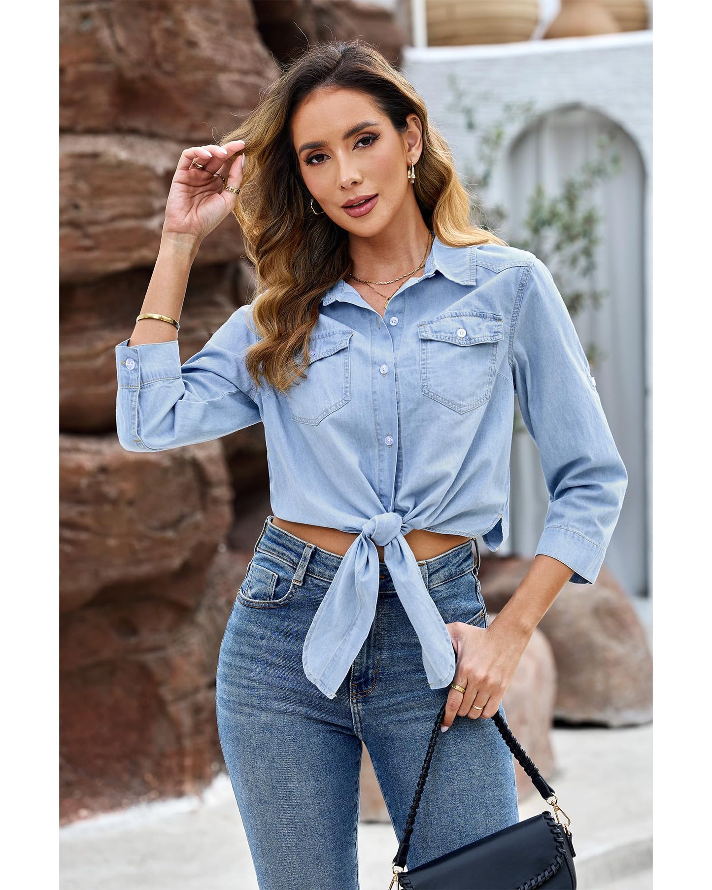 luvamia Denim Tops for Women Trendy Button Down Denim Shirt Tie Front Blouse 3/4 Sleeve Jean Chambray Crop Top Cardigan