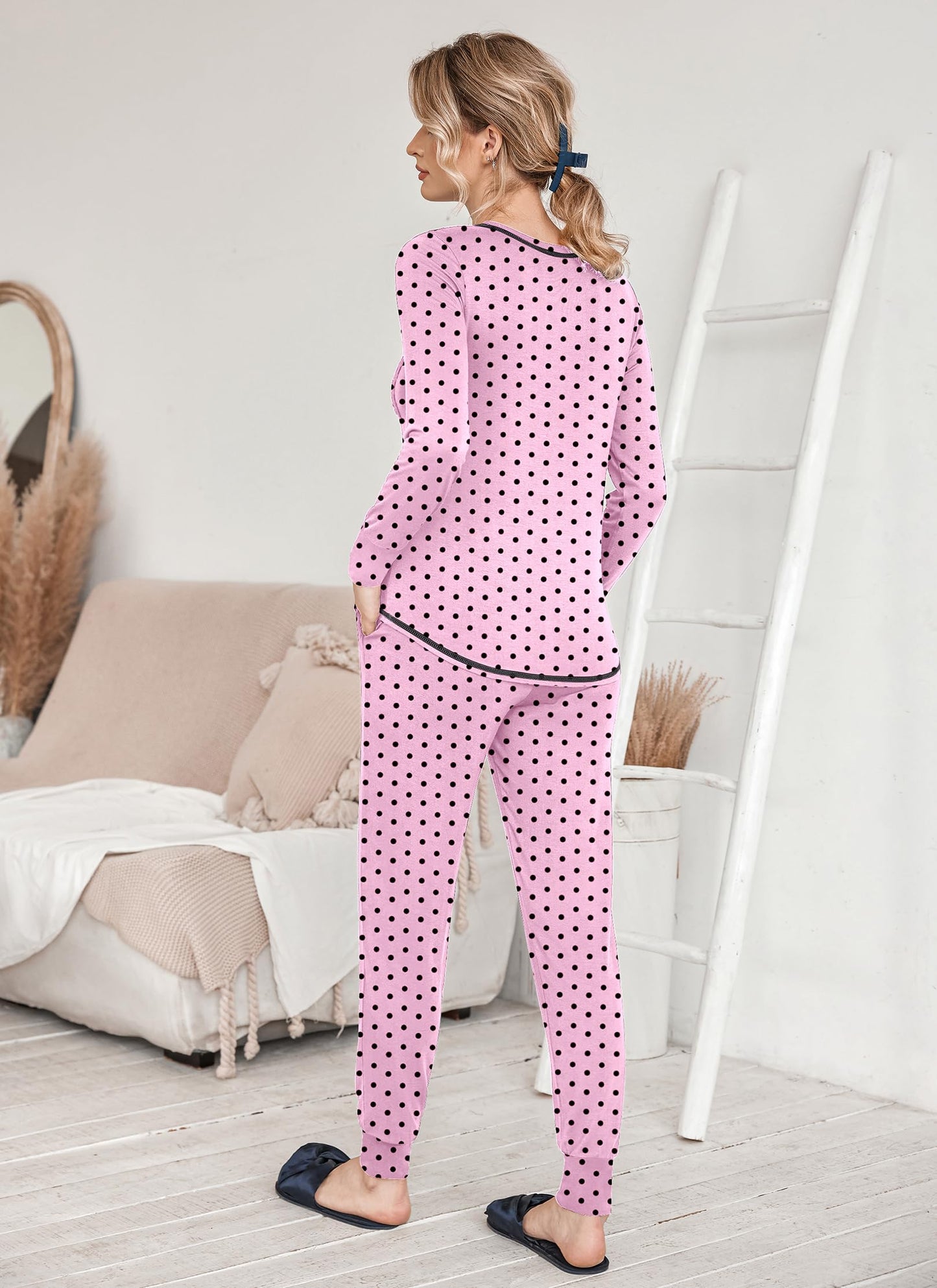 Ekouaer Pajamas Women's Long Sleeve Pj Set Soft 2 Piece Loungewear Sleepwear with Jogger Pants XS-3XL