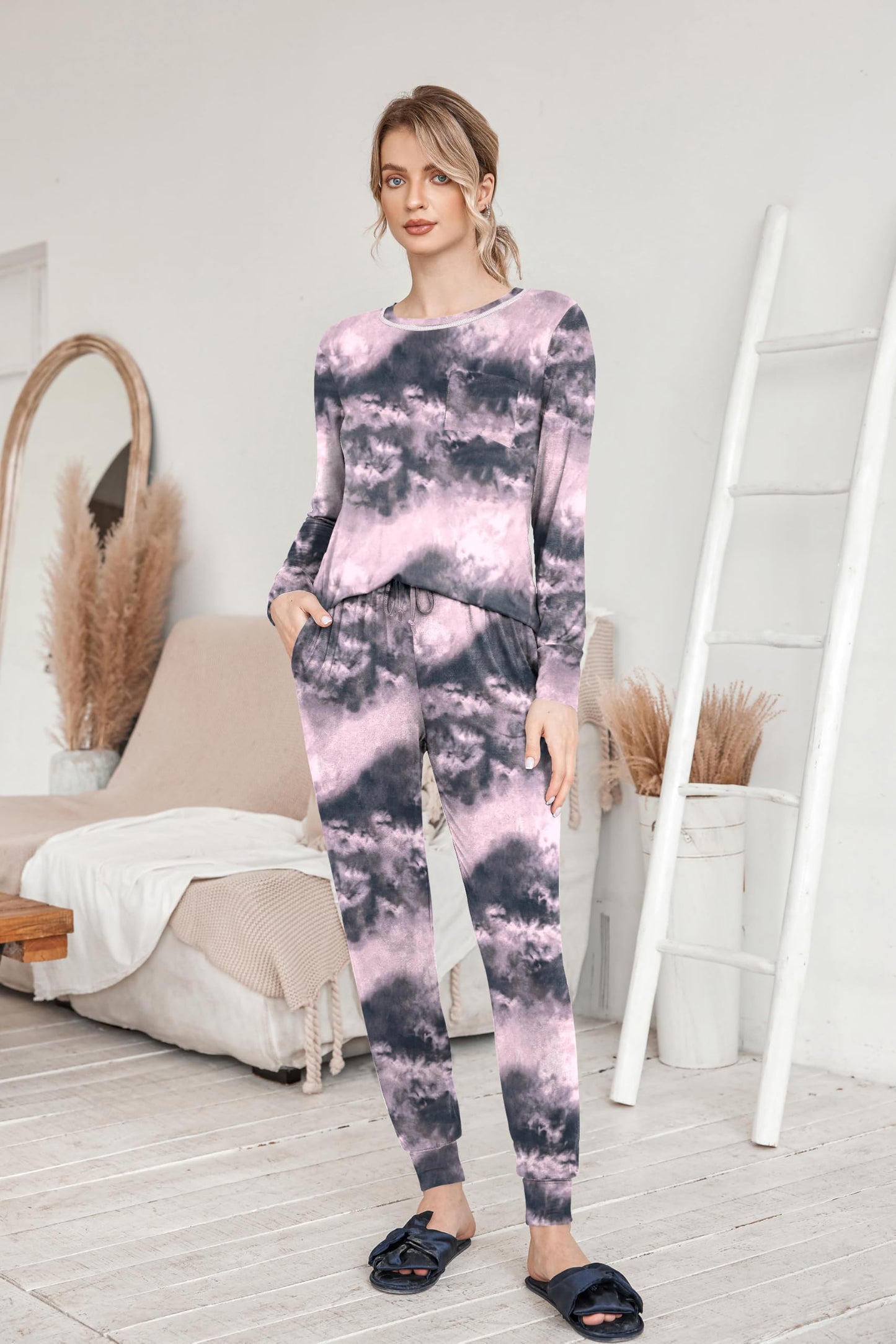 Ekouaer Pajamas Women's Long Sleeve Pj Set Soft 2 Piece Loungewear Sleepwear with Jogger Pants XS-3XL